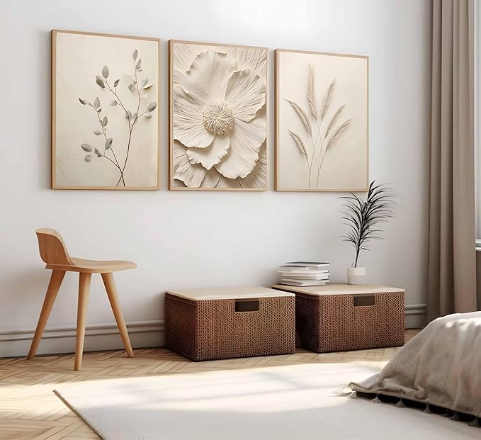 3Pcs Neutral Beige Floral Plant Canvas Wall art Textured Flower Botanical Painting Picture Wall Decor Vintage Blossom Poster Prints for Living Room Bedroom Bathroom Decoration Unframed