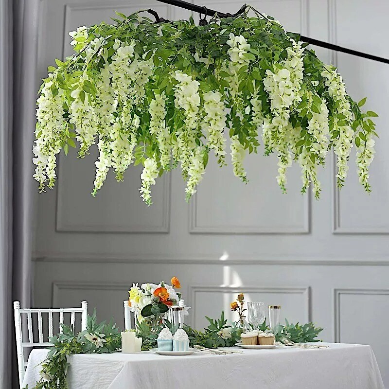 55&#x22; Cream Green Hanging Artificial FLOWER Chandelier Silk Wisteria Vine Party