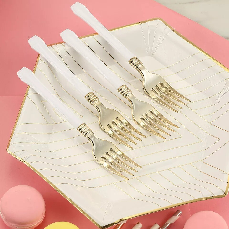 24 Metallic Gold White Handle Disposable Plastic 7&#x22; Forks Party Wedding Supplies