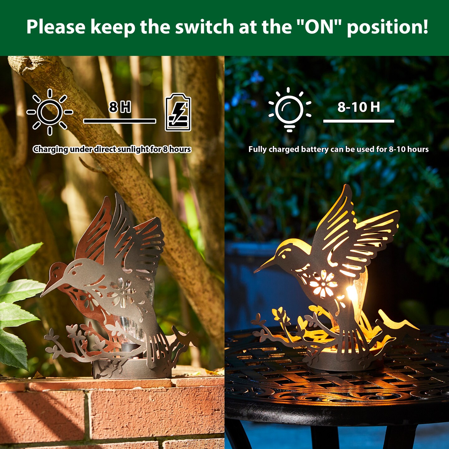 (Set of 2)9.75&#x22;H Black and Gold Metal Cutout Flying Hummingbird Silhouette Solar Powered Edison Bulb Outdoor Lantern