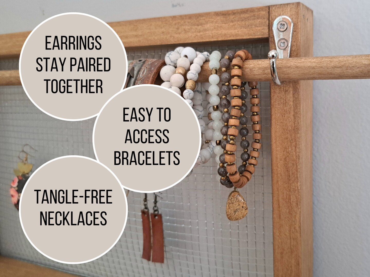 Simple Jewelry Organizer Wall Hanging, Rustic Wood Earring Bracelet and Necklace Holder