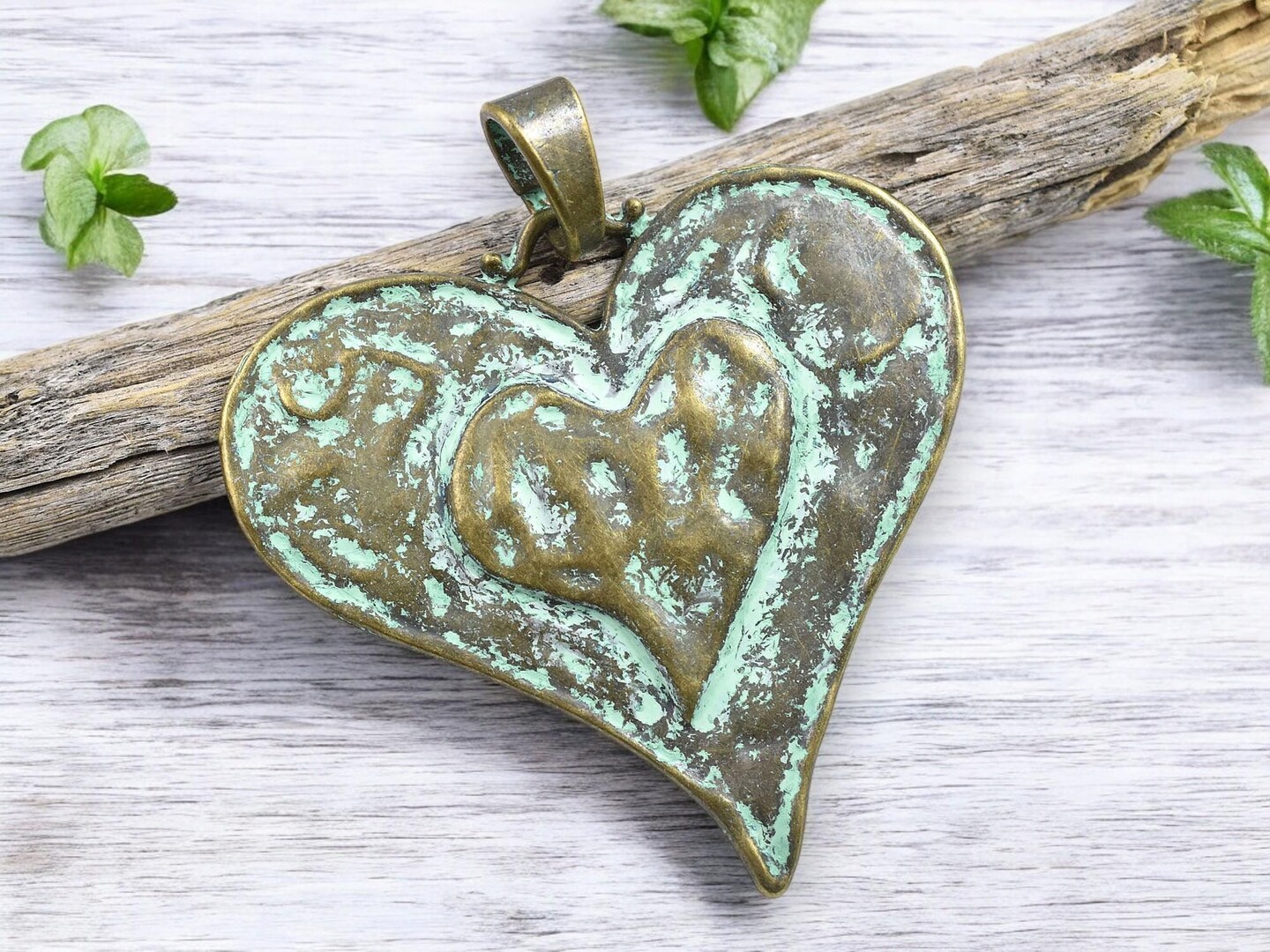 61x65mm Green Verdigris Finished Antique Bronze Heart Pendant w/Bail