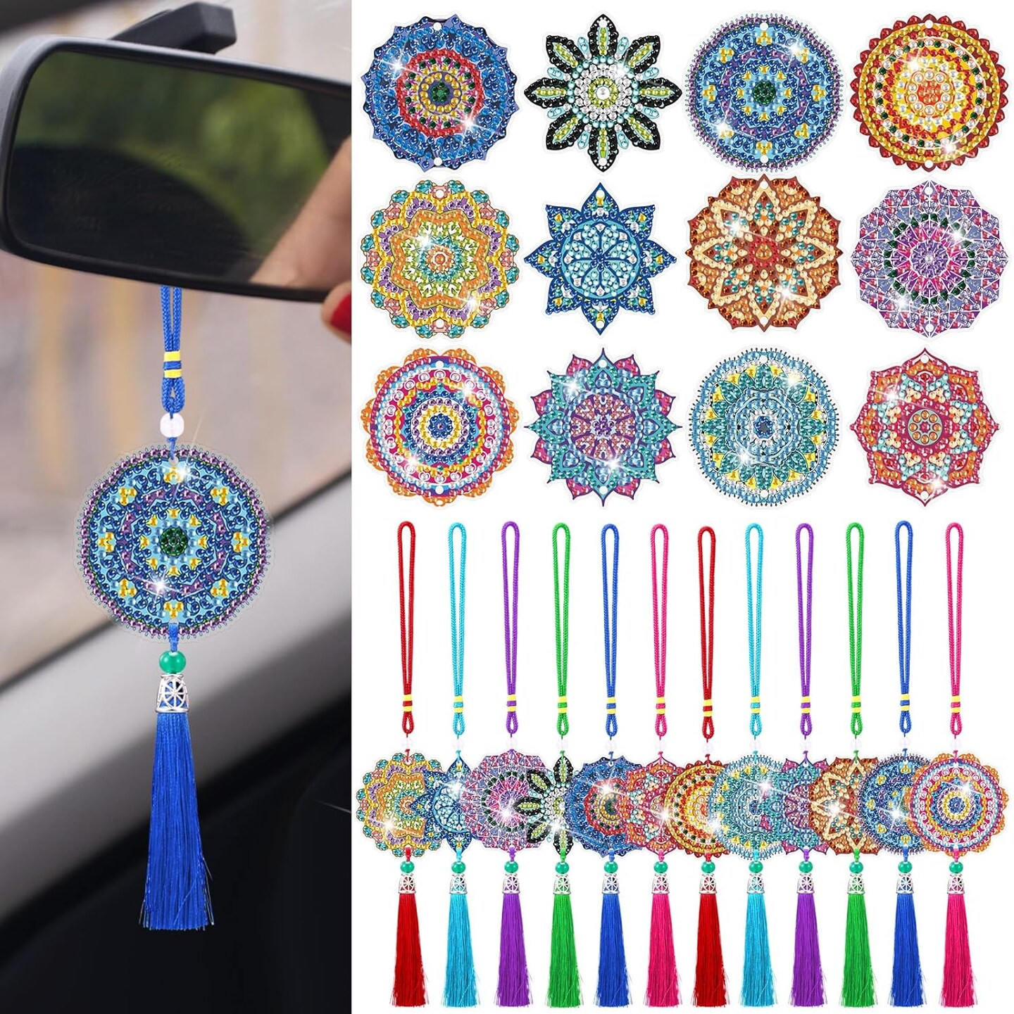 12-Piece Mandala Diamond Painting Car Ornaments – Double-Sided Crystal Gem DIY Hanging Decorations – Car & Home Décor Craft Kit