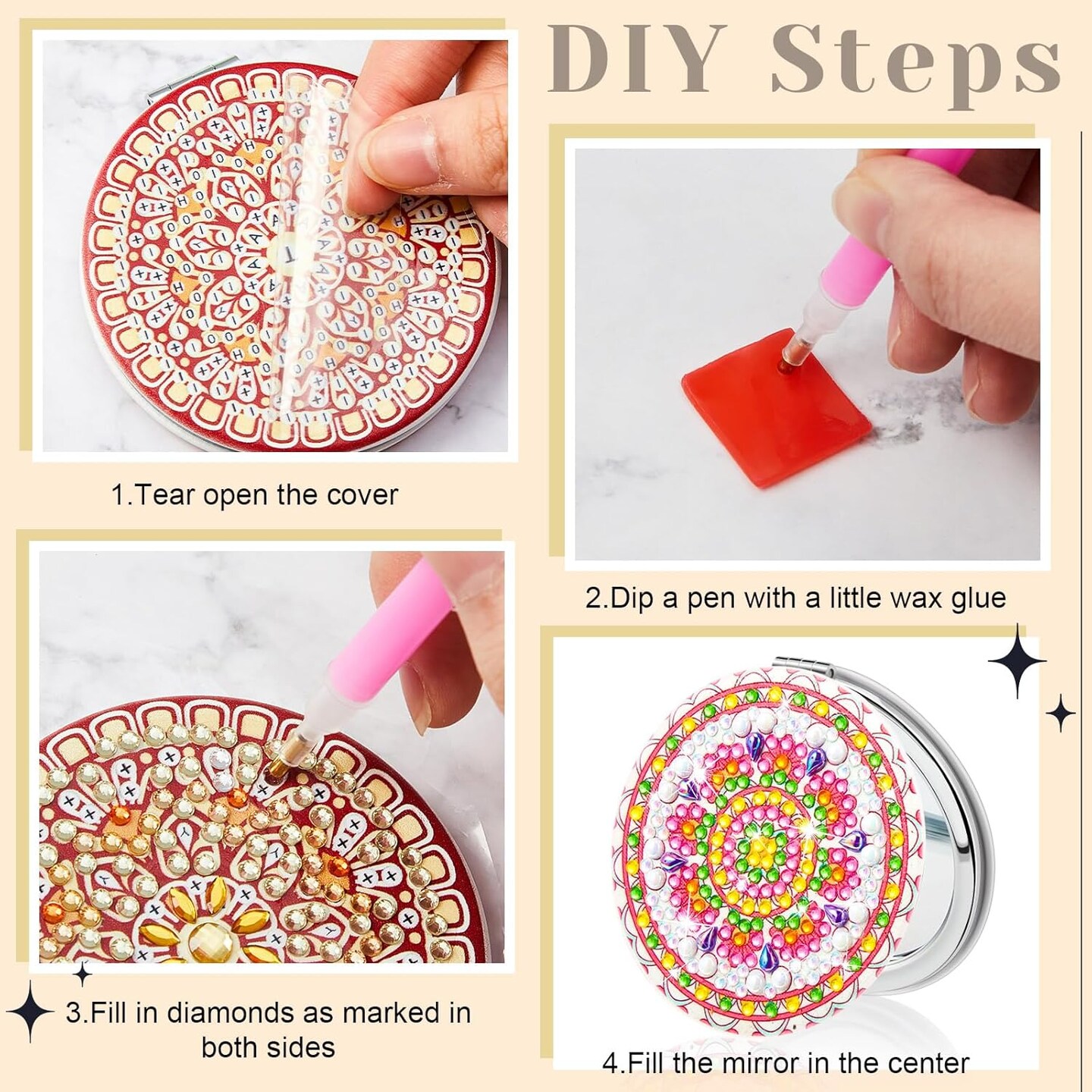 4 Pcs Diamond Painting Compact Mirror DIY Painting Pocket Portable Folding Purse Mirror for Women Diamond Art Mom Gifts for Mother's Day Nurse Week Party Favors(Bright Mandala)