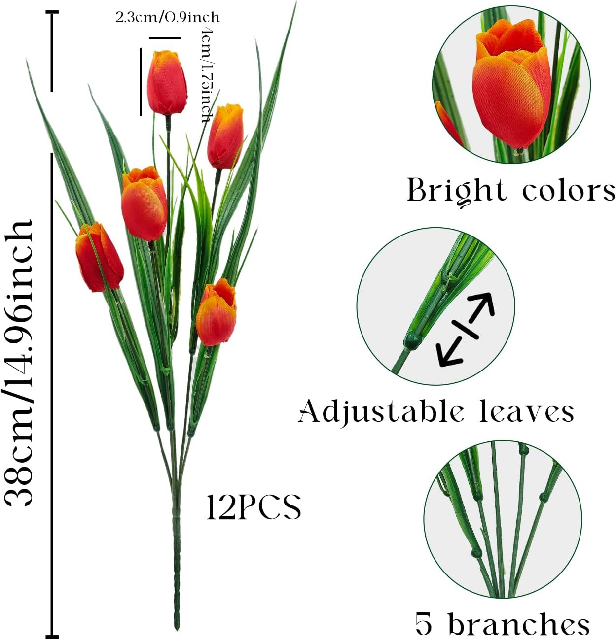 12 Bundles UV-Resistant Artificial Tulips – 60 Heads Silk Fake Flowers with Greenery for Outdoor Planter, Porch, Garden & Patio Decor (Orange)