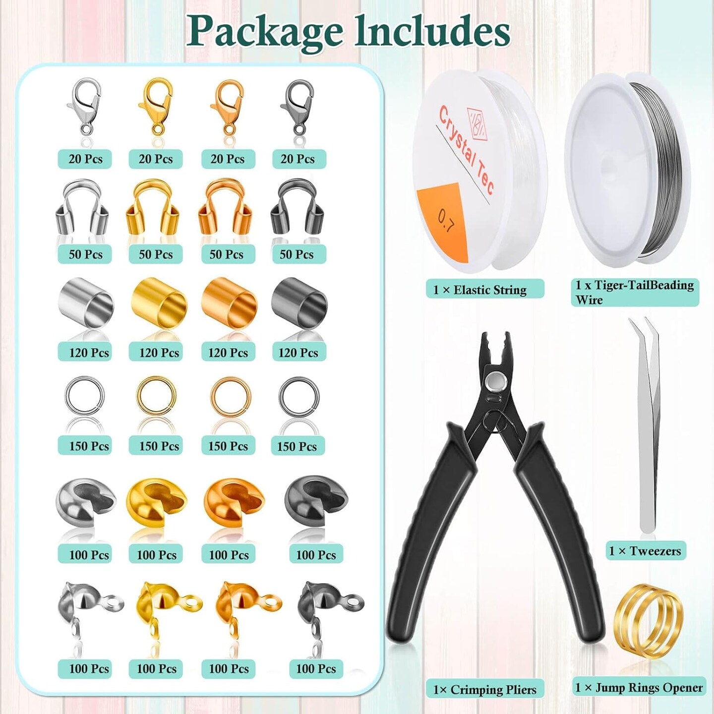 2160 Pieces Crimp Beads Kit for Jewelry Making, Knot Covers, Crimp Bead Covers, Crimp Tubes, Jump Rings and Wire Guardians with Crimping Pliers, Elastic String for Bracelets Necklaces Making