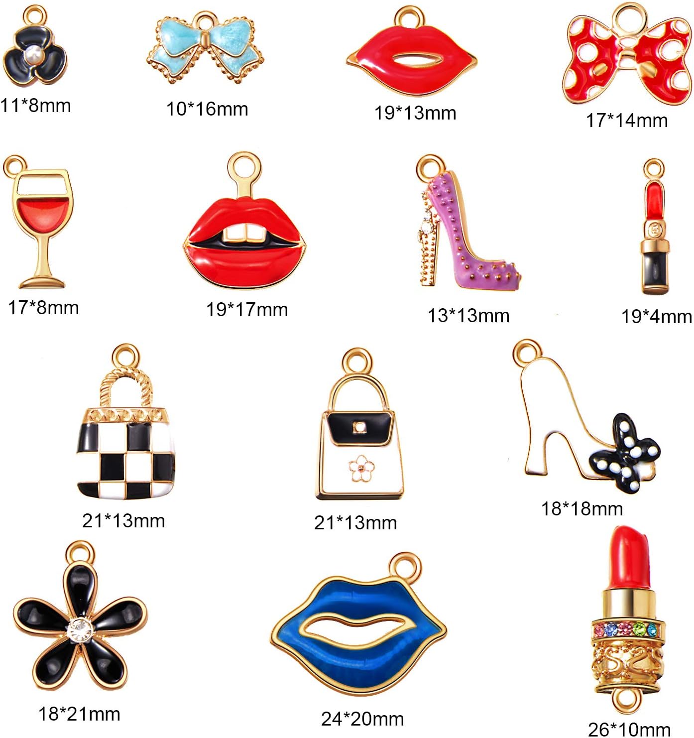 50 Pieces Enamel Charms for Bracelet Jewelry Making Women Makeup Earrings Lipstick Craft Pendant High Heel Designer Charms Mixed Gold Plated Wallet Flower Bow Items for DIY Necklace