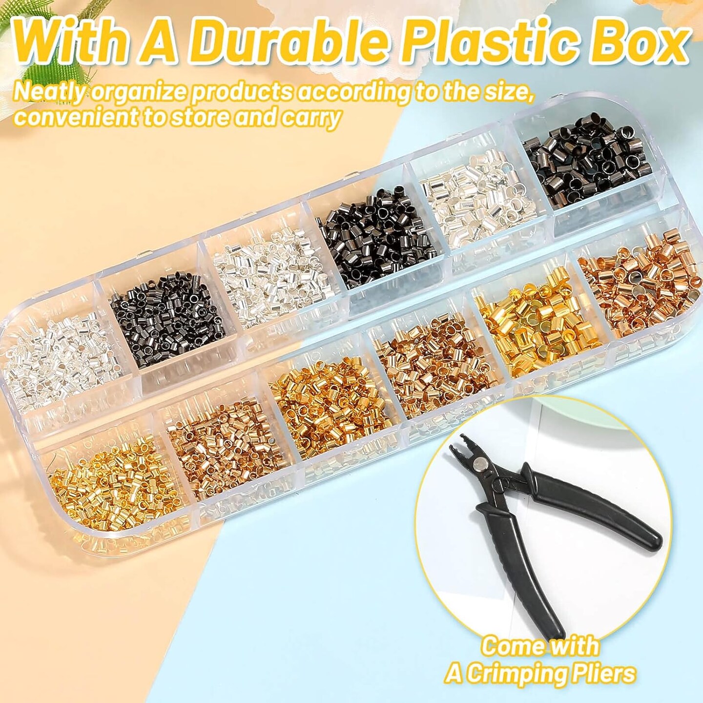 Crimping Beads for Jewelry Making, 2200 Pieces Crimp Tubes with Crimping Pliers for Earring Necklace Bracelet DIY Jewelry Making