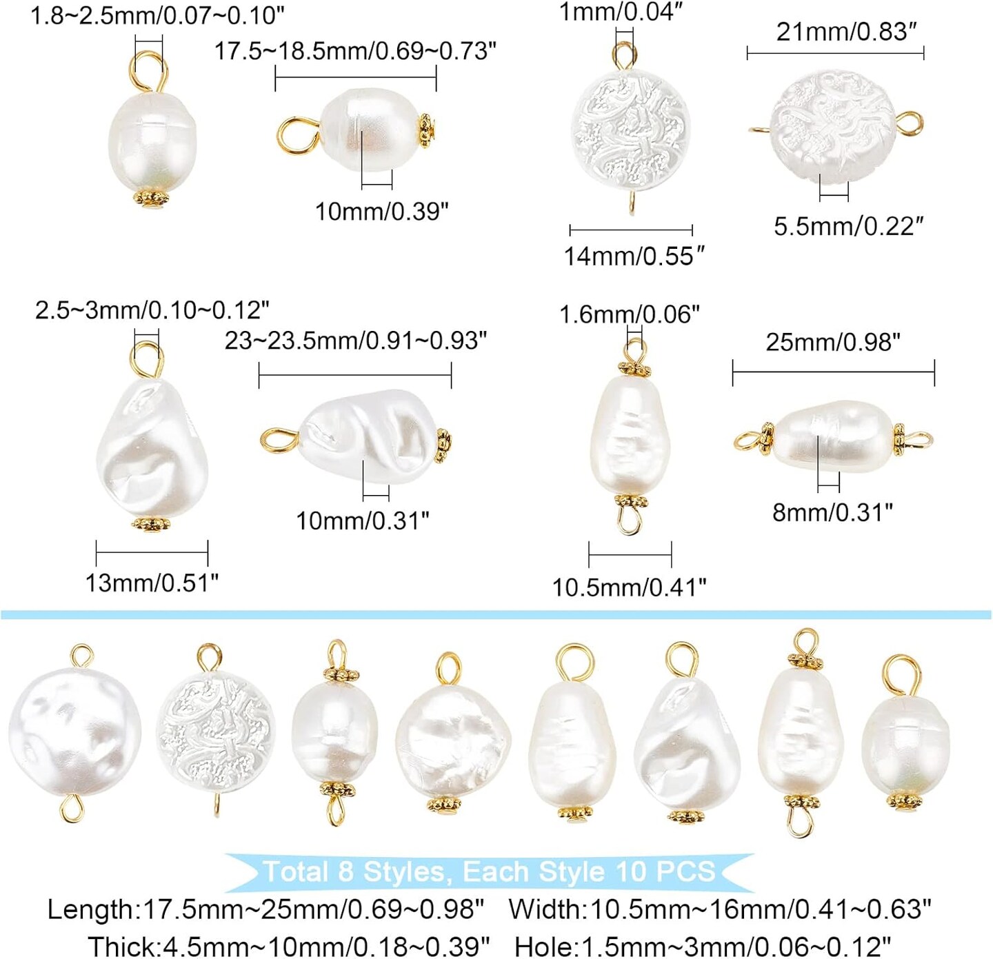 80Pcs Pearl Pendant Connectors, 8 Style Irregular Pearl Bead Links White ABS Plastic Pearl Bead Pendants Pearl Acrylic Links with Golden Pins for Earring Bracelet DIY Jewelry Making