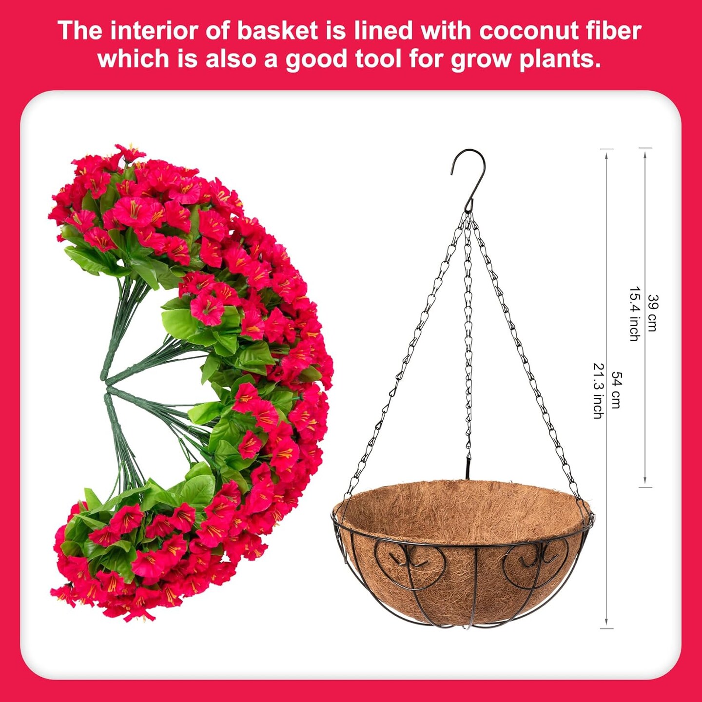 Artificial Hanging Flower Basket – Faux Petunias & Morning Glory, Outdoor Fake Hanging Plants for Patio, Garden, Porch, Balcony & Yard Decor (Rose Red)