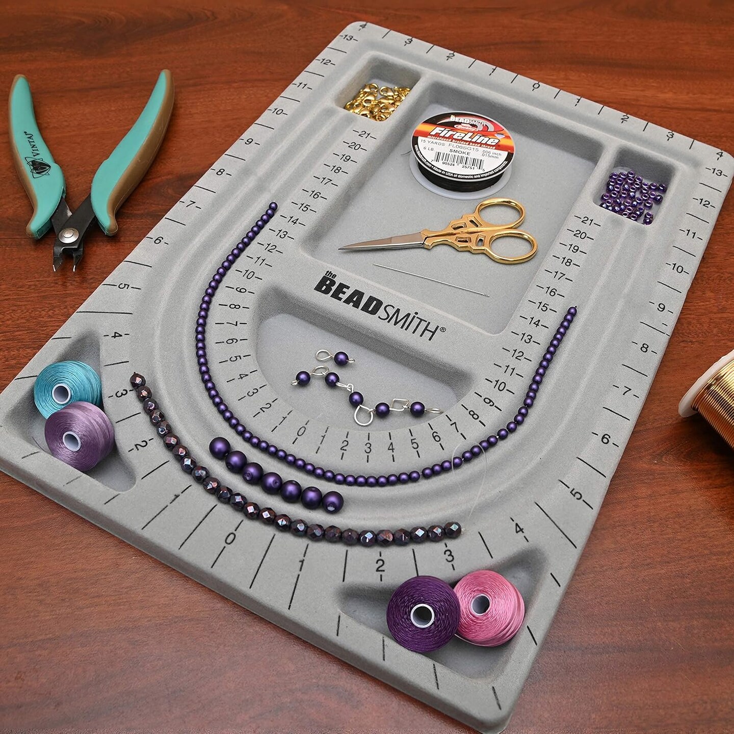 Bead Board with Cover, Grey Flocked, 3 U-Shaped Channels, 6 Recessed Compartments, 9.75 x 13.25 inches, Design Boards