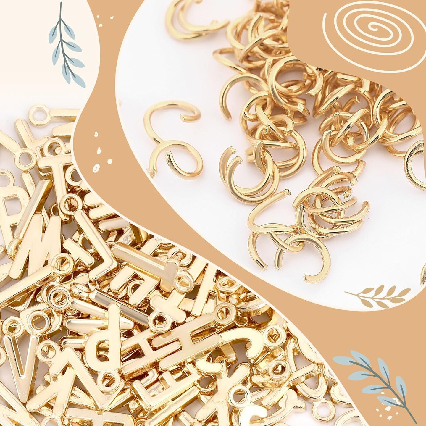 156Pcs/6 Sets Letter Charms - ABC Alphabet Charms DIY Bracelets &#x26; Necklaces with 200Pcs Jump Rings for Jewelry Making, KC Gold