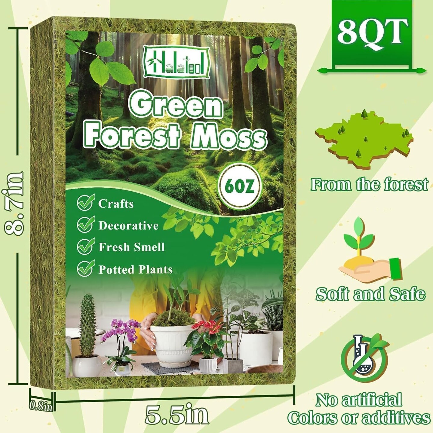 Green Moss for Indoor Plants, 8QT Orchid Moss for Repotting, Forest Moss for Potted Plants, Real Moss for Succulent Carnivorous Houseplant Terrariums Garden Reptiles