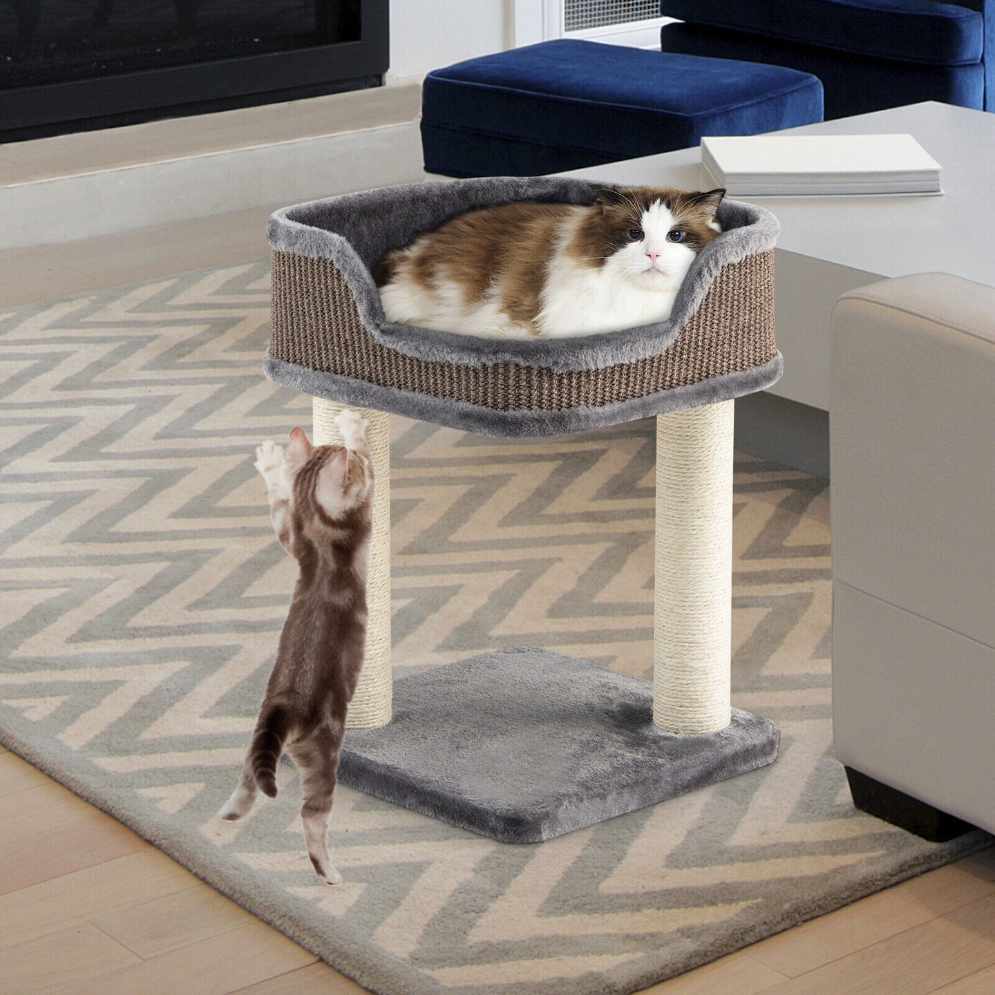 Grey Kitten Climbing Tree with Sisal Posts and Large Plush Perch Ideal for Indoor Cats