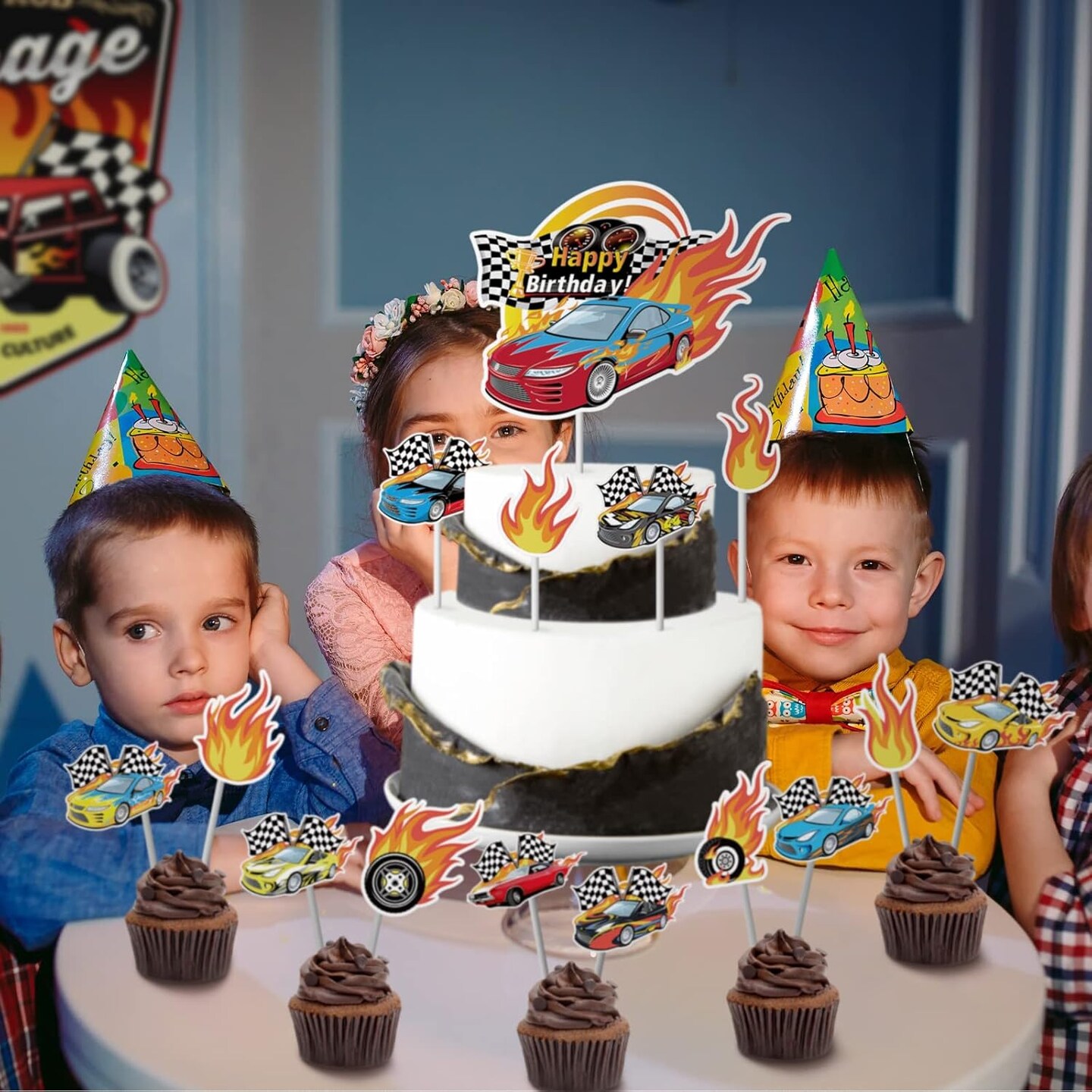 55PCS Race Car Cupcake Toppers – Wheels & Checkered Flag for Birthday Party Decorations