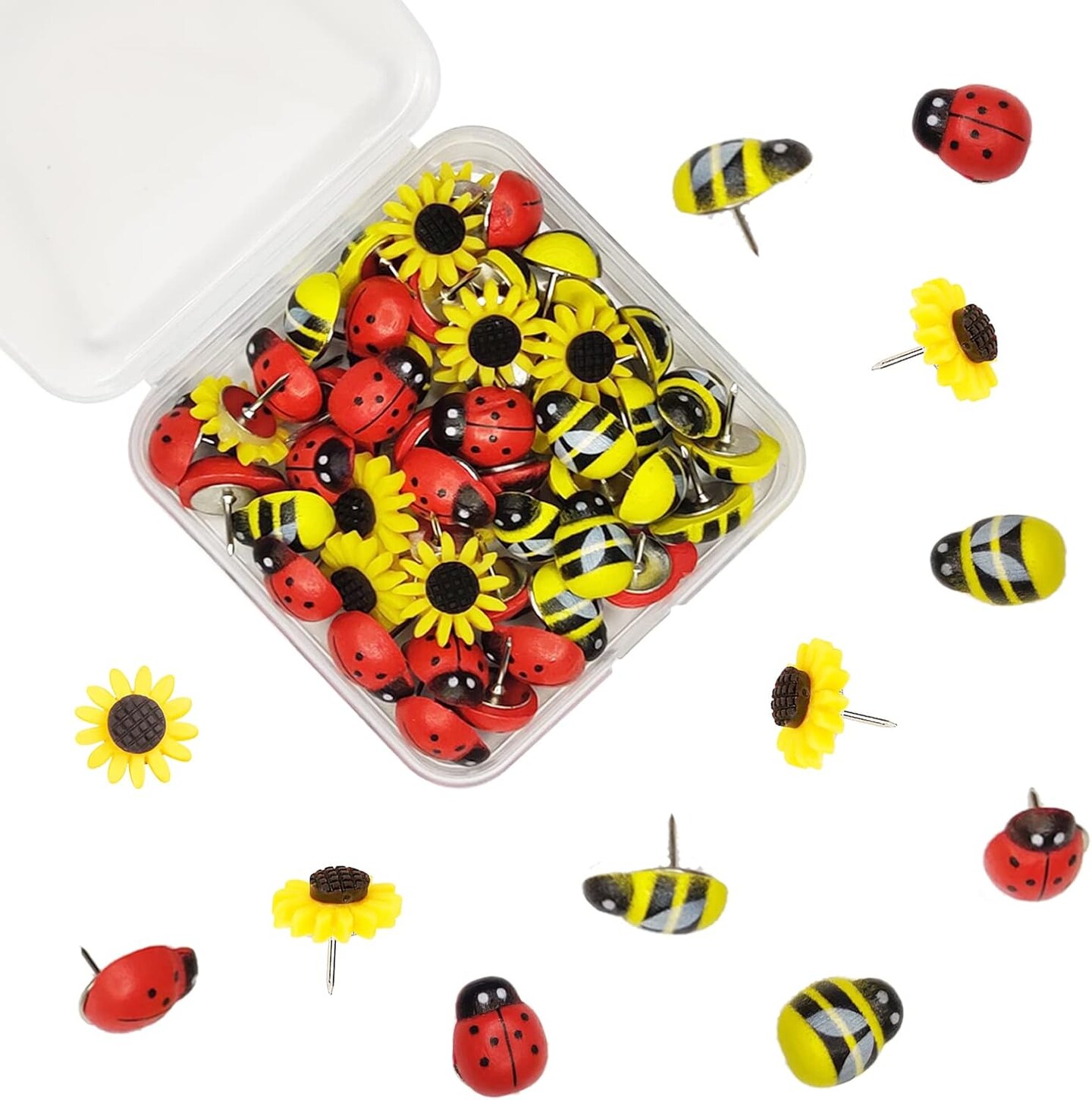 50 Pcs Animal Push Pins, Bee Pushpins Sunflower Thumbtacks Decorative Bumble Bee Shaped Floret Thumb Tacks Decorations for Photo Wall Memo Cork Board Bulletin Board Map with Box