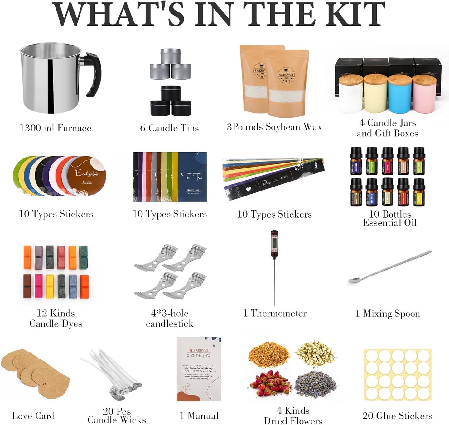 DIY Candle Making Kit for Adults – Soy Wax, 10 Jars & Tins, 10 Scents, Color Dyes & Supplies