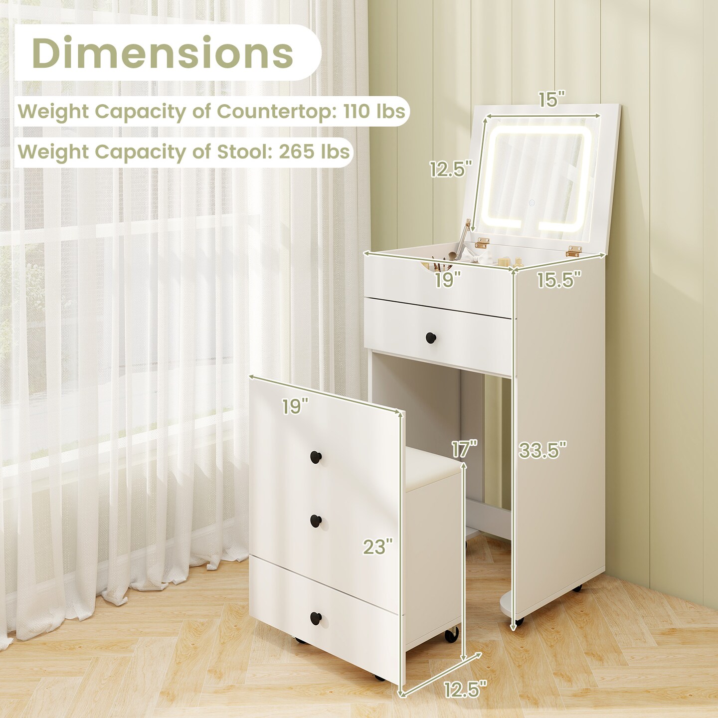 White Flip-Up Vanity Set with LED Mirror, Storage & Rolling Stool