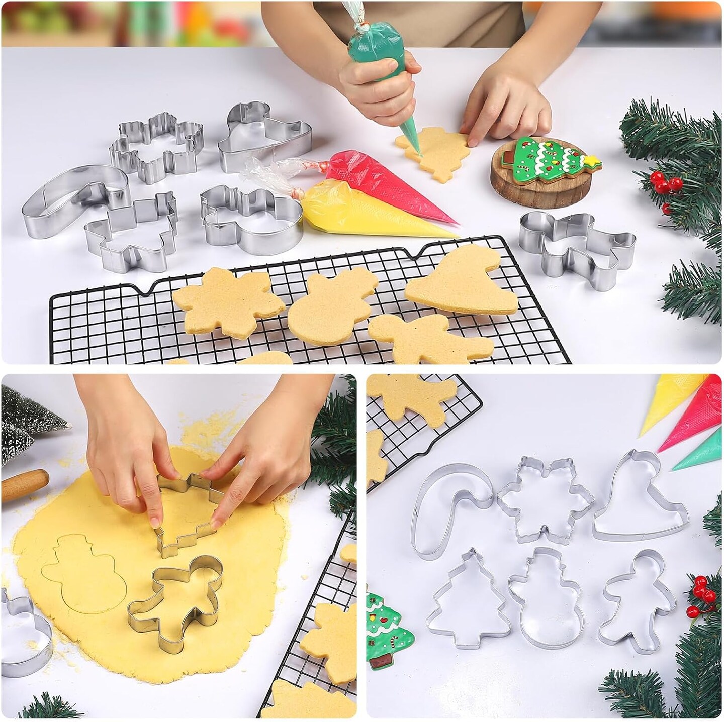Large Christmas Cookie Cutters - 6 Pcs 4 Inch Holiday Cookie Cutter - Christmas Tree, Santa Hat, Snowflake, Gingerbread Men, Snowman and Candy Cane Shapes Cookie Molds for Winter Holiday DIY Baking