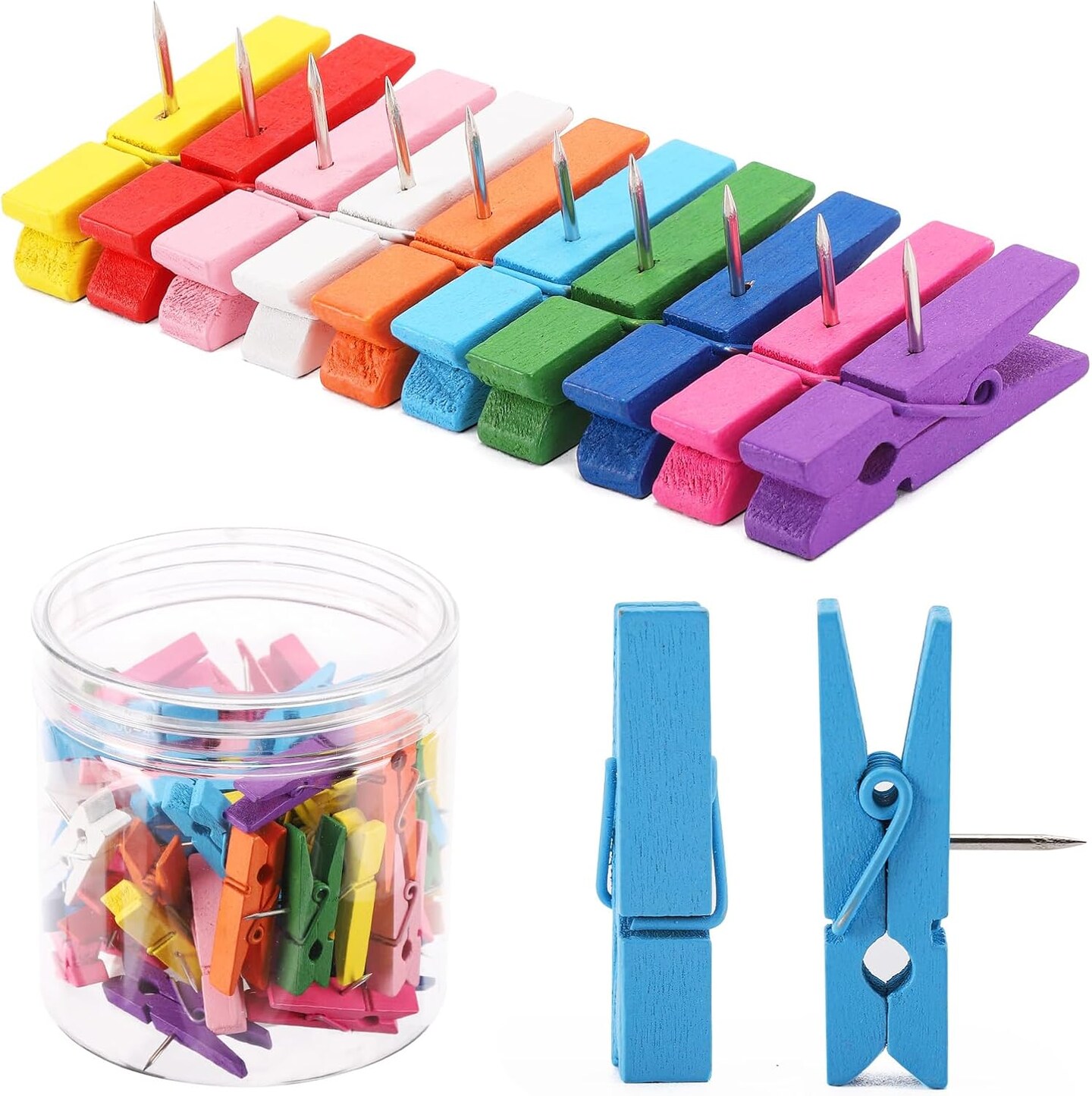 60PCS Colorful Push Pin with Wooden Clips, Decorative Pushpins Tacks Thumbtacks for Cork Board Artworks Notes Photos, Craft Projects, Offices and Homes