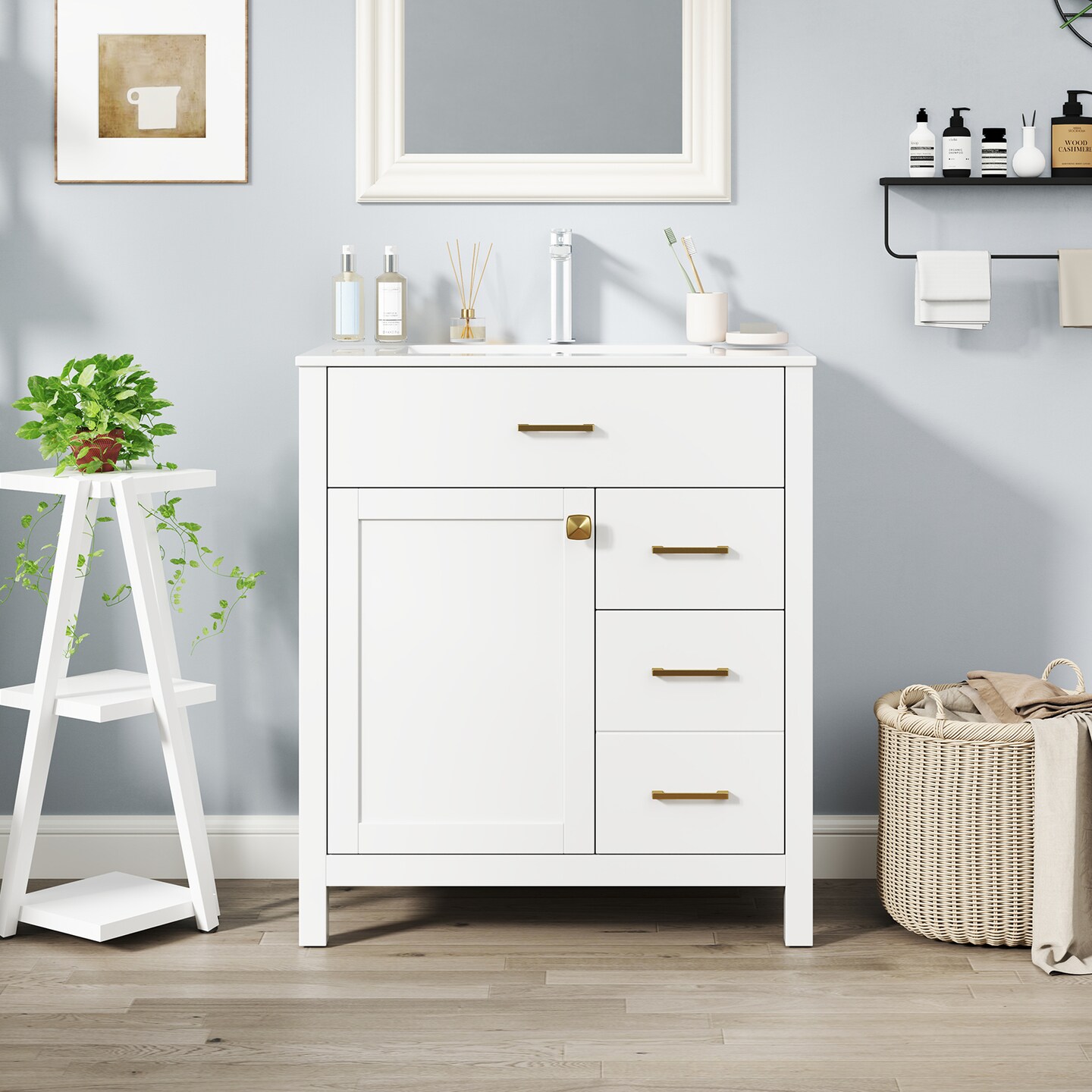 White MDF Bathroom Vanity with Ceramic Sink and Storage