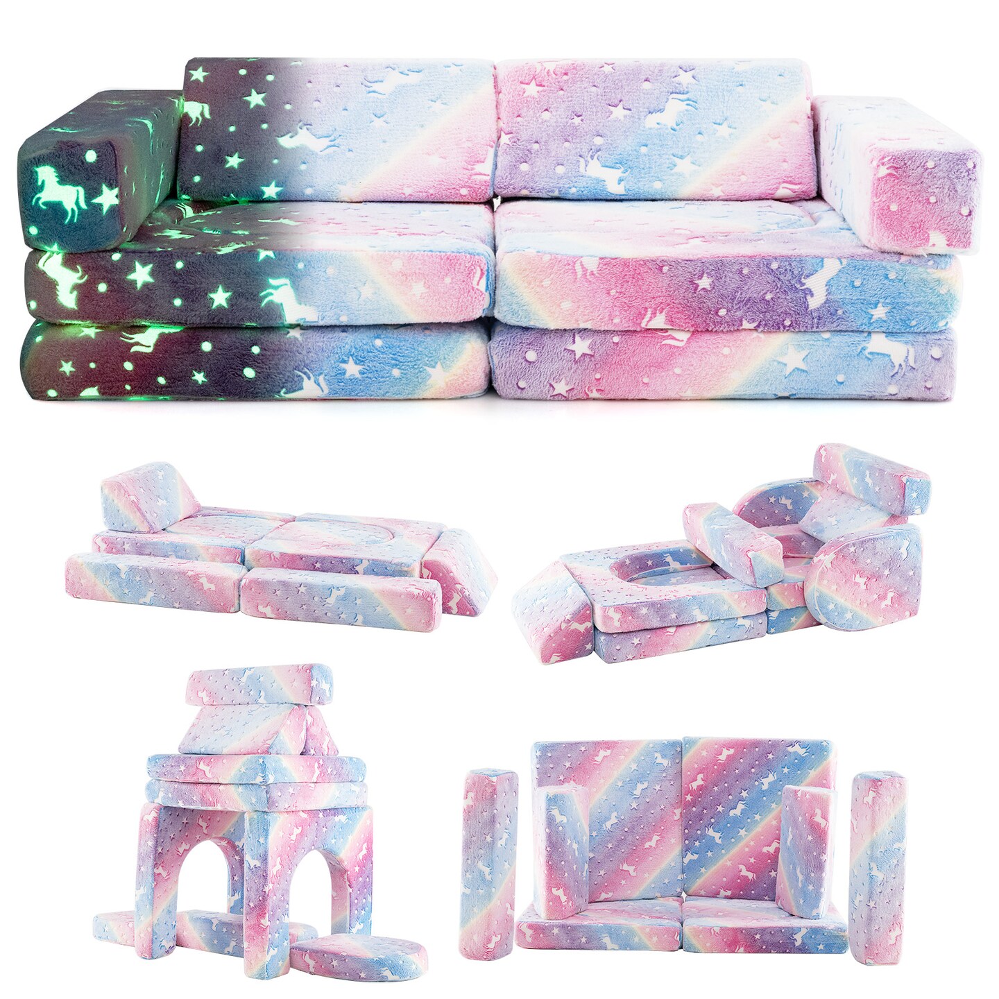 10 Pieces Modular Kids Glow-in-The Dark Sectional Play Couch Sofa Perfect for Kids Room