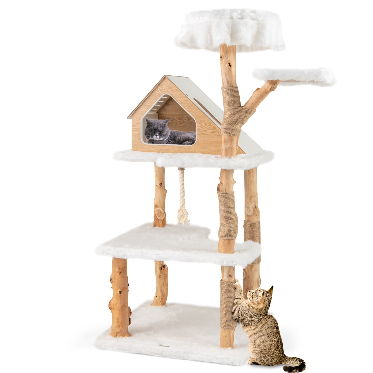 60 Inch Tall Wooden Cat Tree Tower with 2 Cozy Perches and 2 Large Platforms