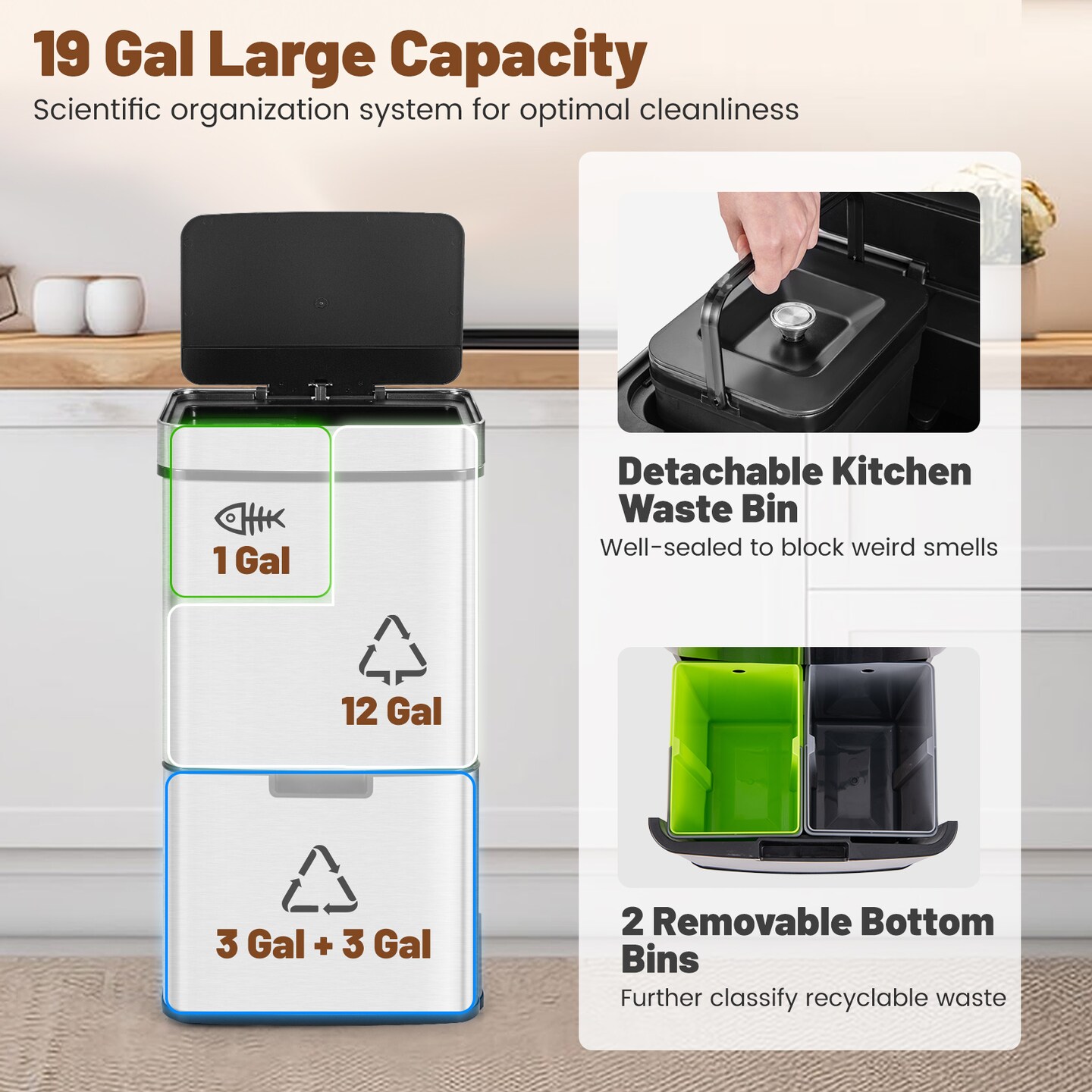Silver Stainless Steel Motion Sensor Trash Can with 4 Compartments