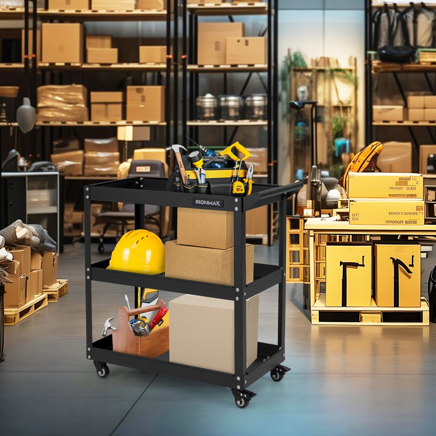 3-Tier Rolling Utility Tool Cart with 3 Large Shelves and 4 Universal Wheels Perfect for Kitchen or Garage