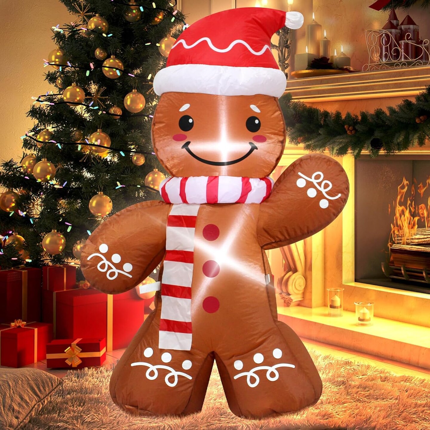 4 Feet Inflatable Gingerbread Man Christmas Decoration with Santa Hat LED Lights Perfect for Outdoor Indoor Holiday Decor Christmas Inflatable Doll Great for Lawn Garden Christmas Party