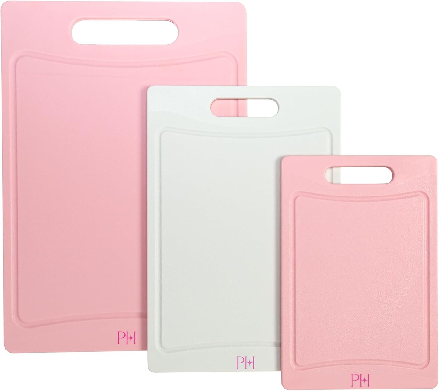 Cutting Boards, Dual-Sided Cutting Board Set with Built-in Juice Grooves, Easy-Grip Handles, Heavy-Duty Plastic Made without BPA, Dishwasher Safe, 3-Piece Set, Pink and Cream