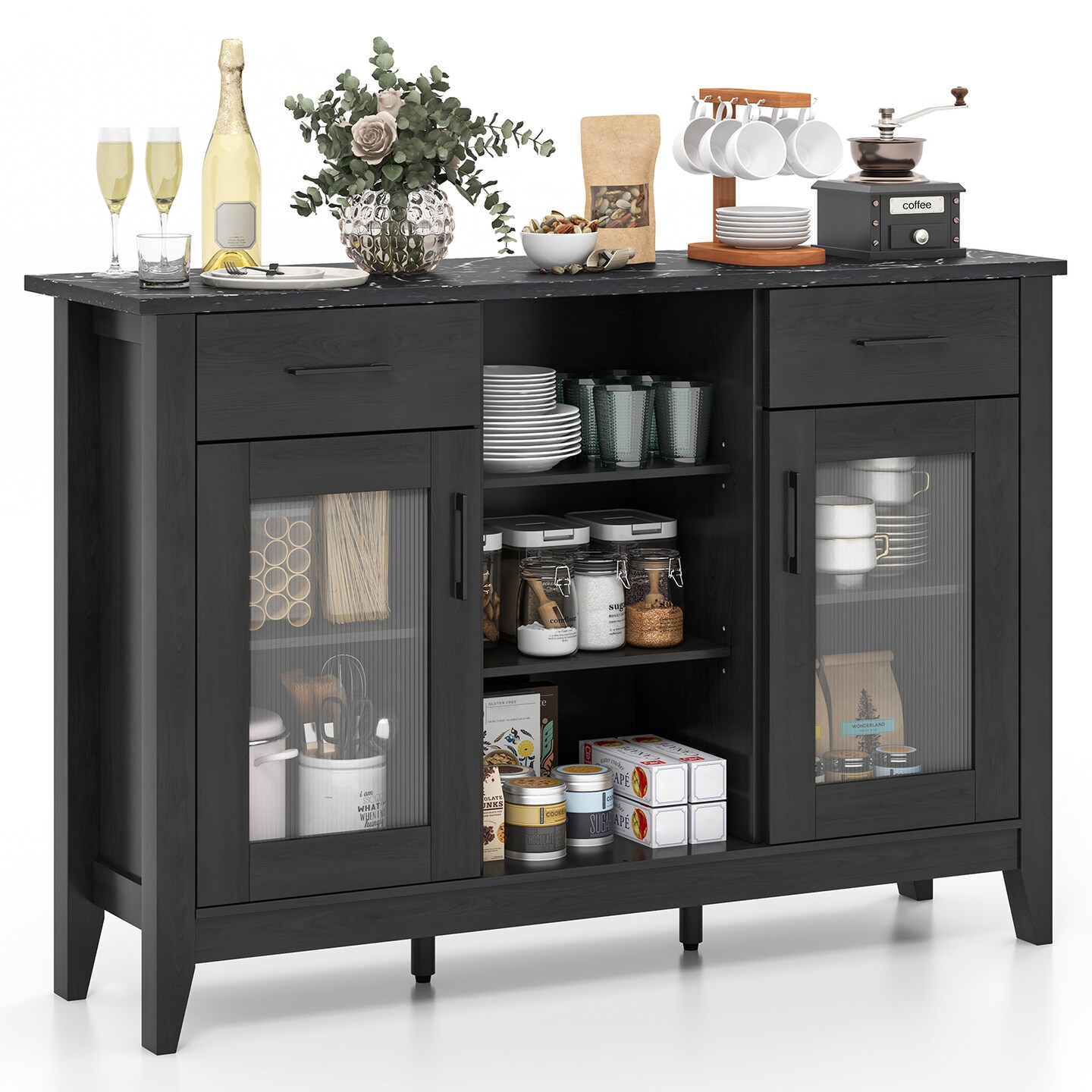 Sideboard Buffet Cabinet with 3 Open Cubes and 4 Adjustable Shelves Ideal for Home Appliances or Decorations