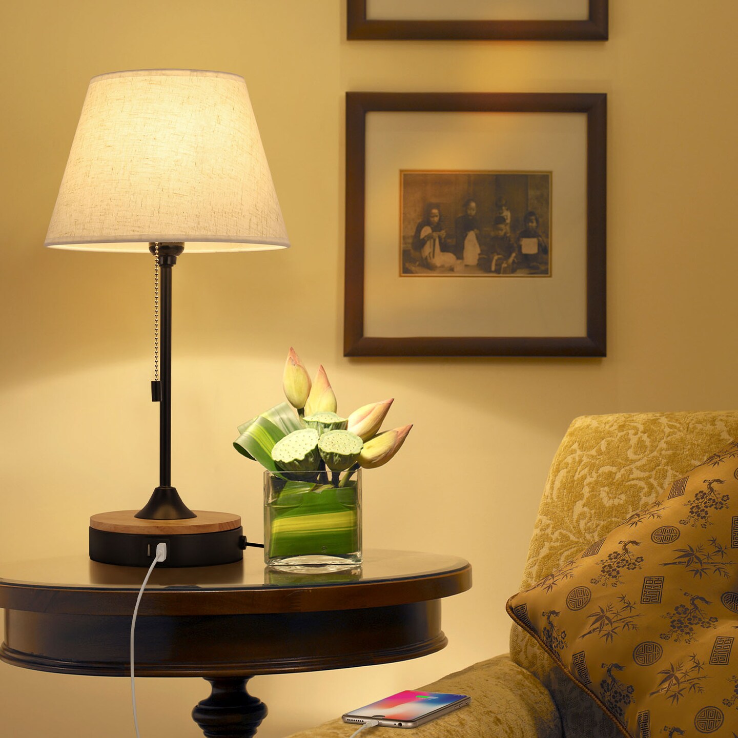 Set of 2 Beige Table Desk Lamps with Dual USB Ports &#x2013; Wood &#x26; Metal Bedside Lamps, Linen Shade, UL-Certified, Eye-Caring Lighting for Bedroom, Office, or Living Room