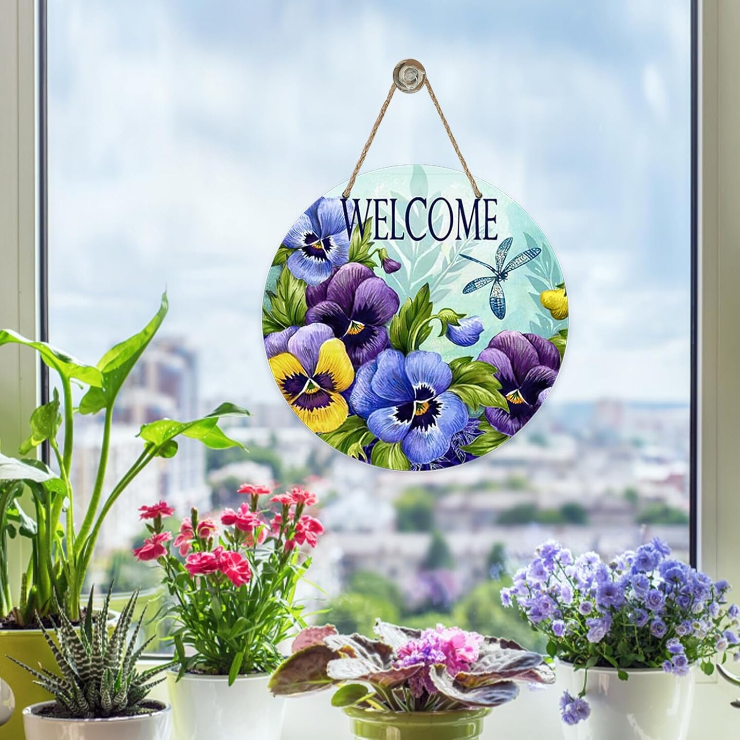 Welcome Spring Summer Floral Flower Sign for Front Door Decor, Pansy Dragonfly Wood Door Hanger for Outdoor Outside Porch, Seasonal Vintage Wooden Wreath Indoor Wall Hanging Decoration