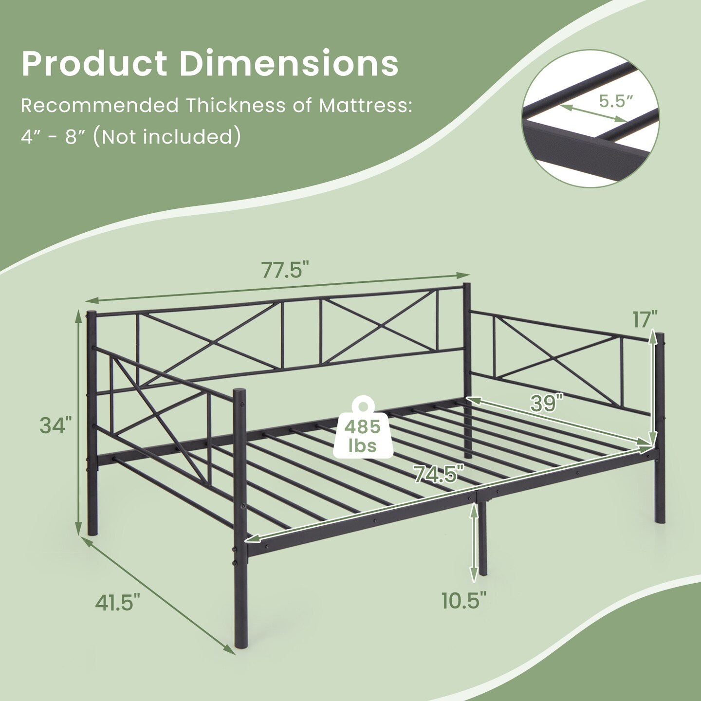 Twin Platform Bed Frame with Metal Slats and Space-saving Design