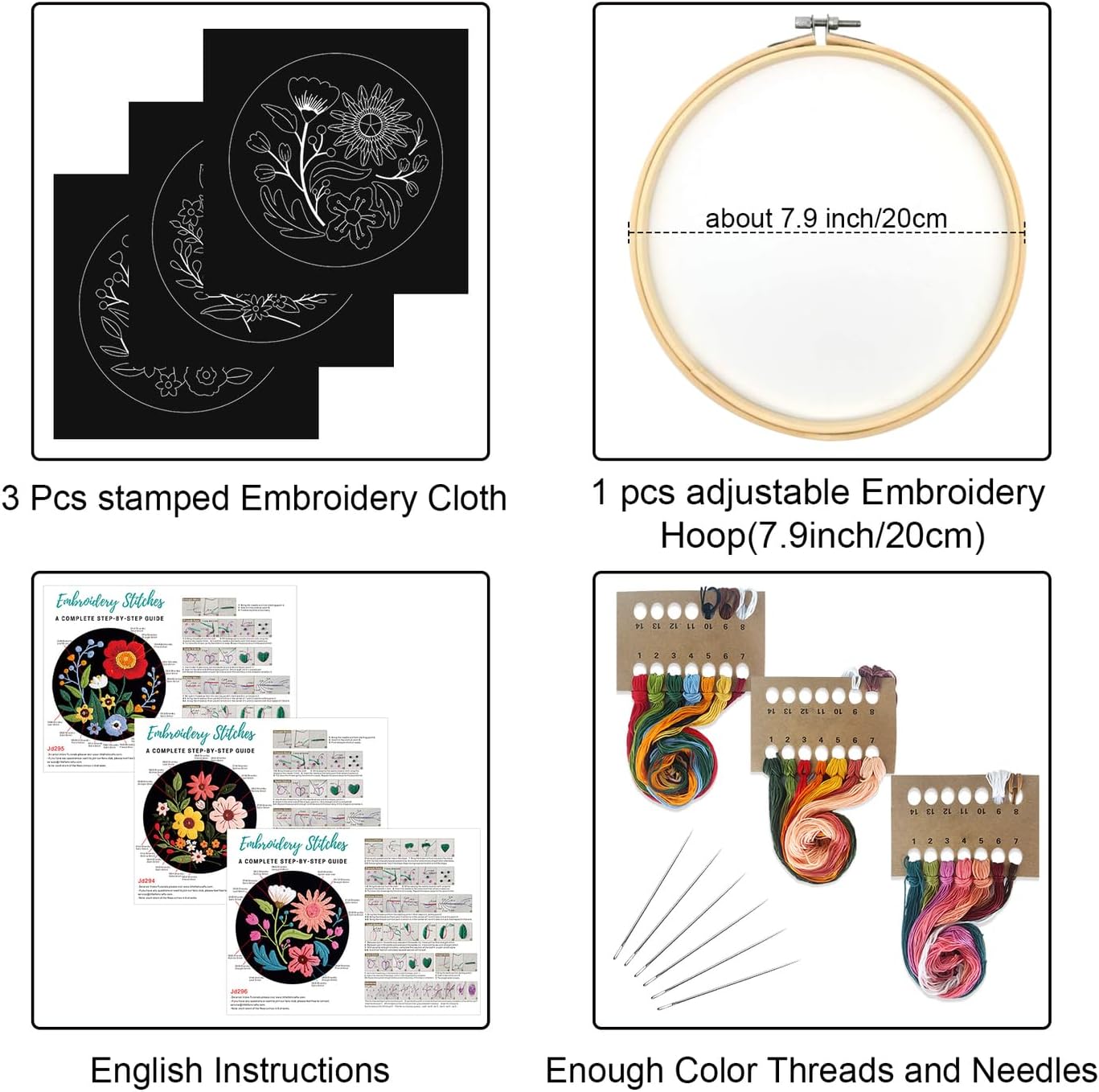 3 Sets Flowers Embroidery Kits for Beginners,Cross Stitch Kit for Adults