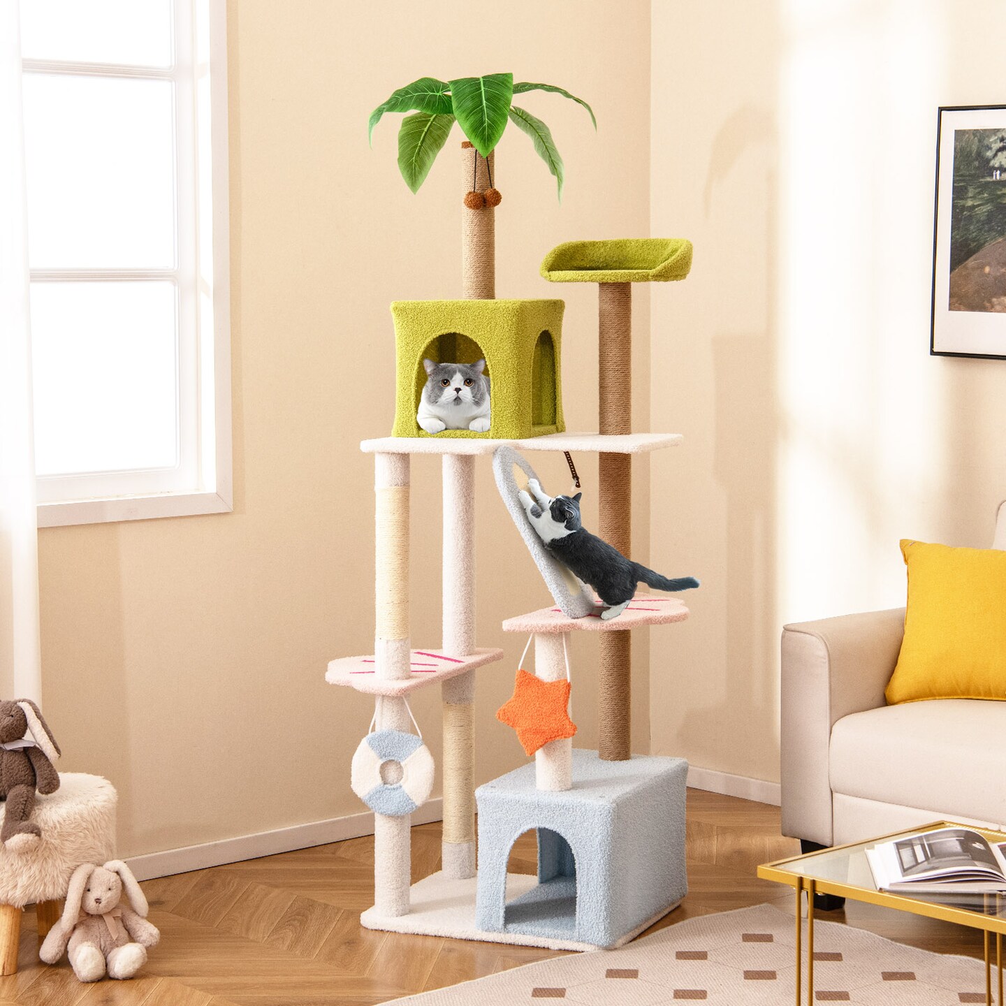 Plush Cat Tree with Condos, Scratching Posts and Beach Theme