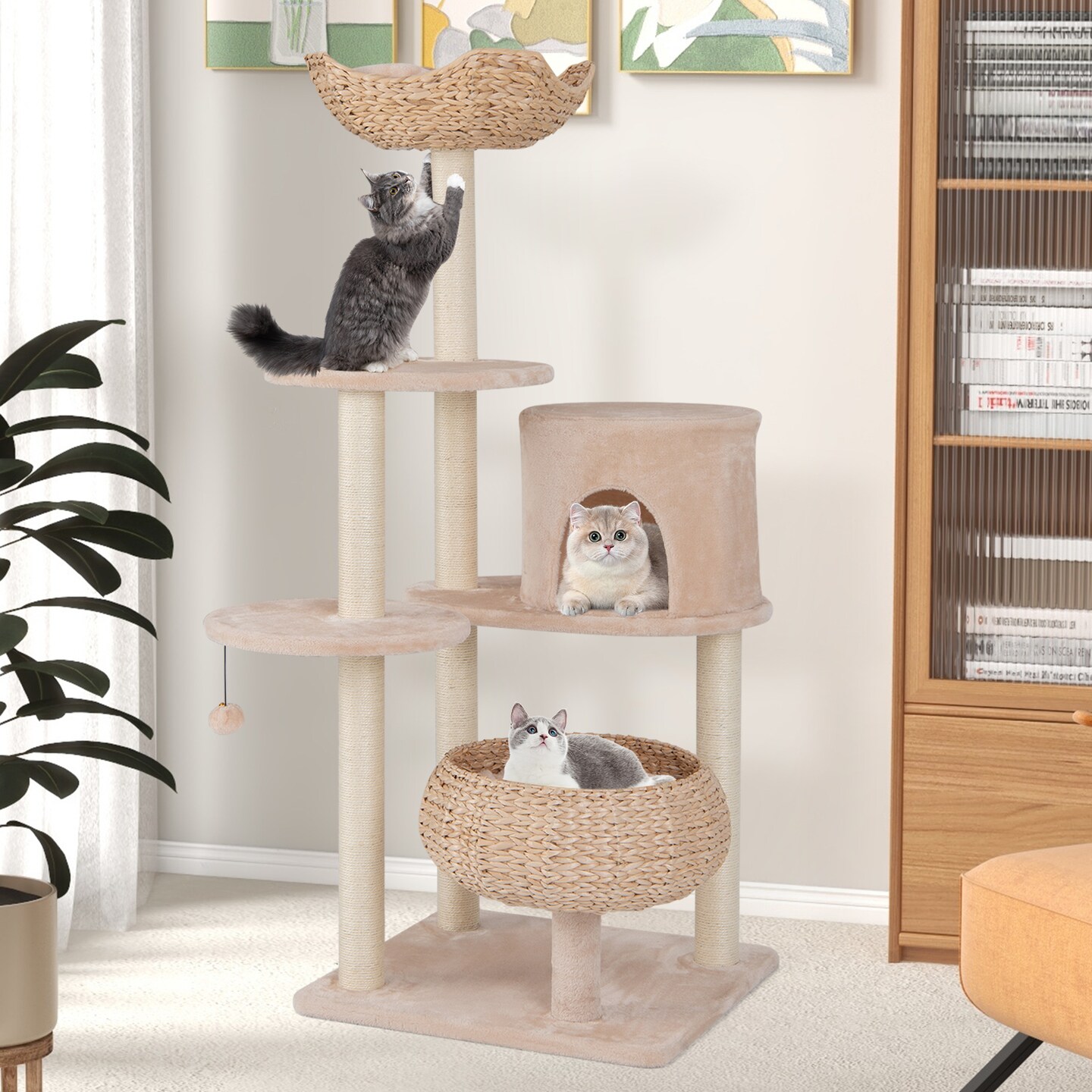 Beige Cattail Cat Tower with 7 Full-Wrapped Scratching Posts and Soft Padded Cushions