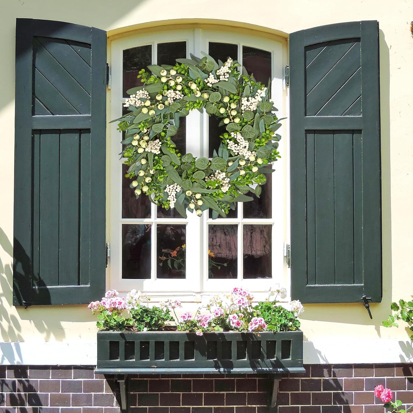 Green Eucalyptus Wreath for Front Door, 20 Inch Artificial Eucalyptus Leaves Wreath with Big Berries Boxwood Spring Greenery Wreath Decor