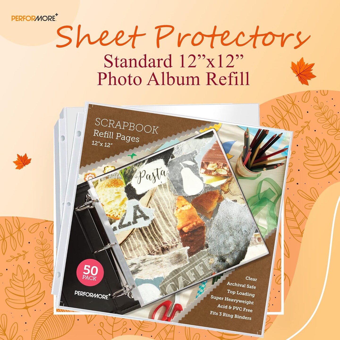 50 Pack of Scrapbook Refill Pages, 12.25&#x22; X 12.25&#x22; Clear Sheet Protectors for 3 Ring Binder, Plastic Sheet Sleeves, Top Loading Paper Protector, Archival Safe for Documents and Photo