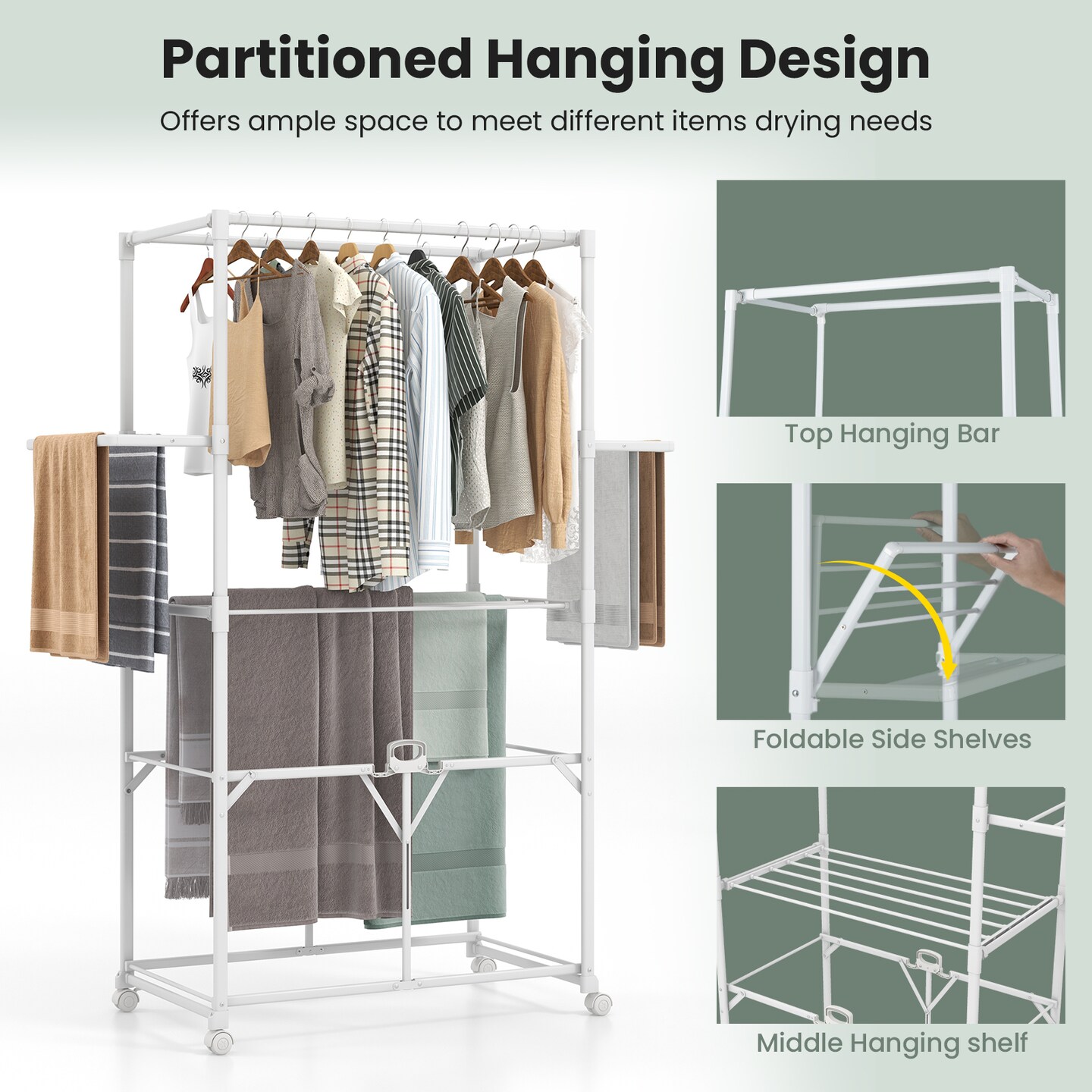 White Foldable Aluminum Drying Shelves Rack with Hanging Rods and Lockable Wheels