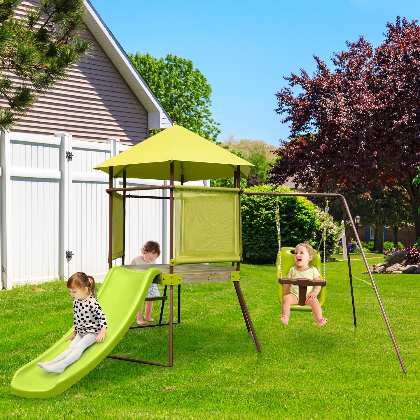 Green 4-in-1 Kids Swing Set with Slide, Adjustable Seat, Playhouse and Canopy