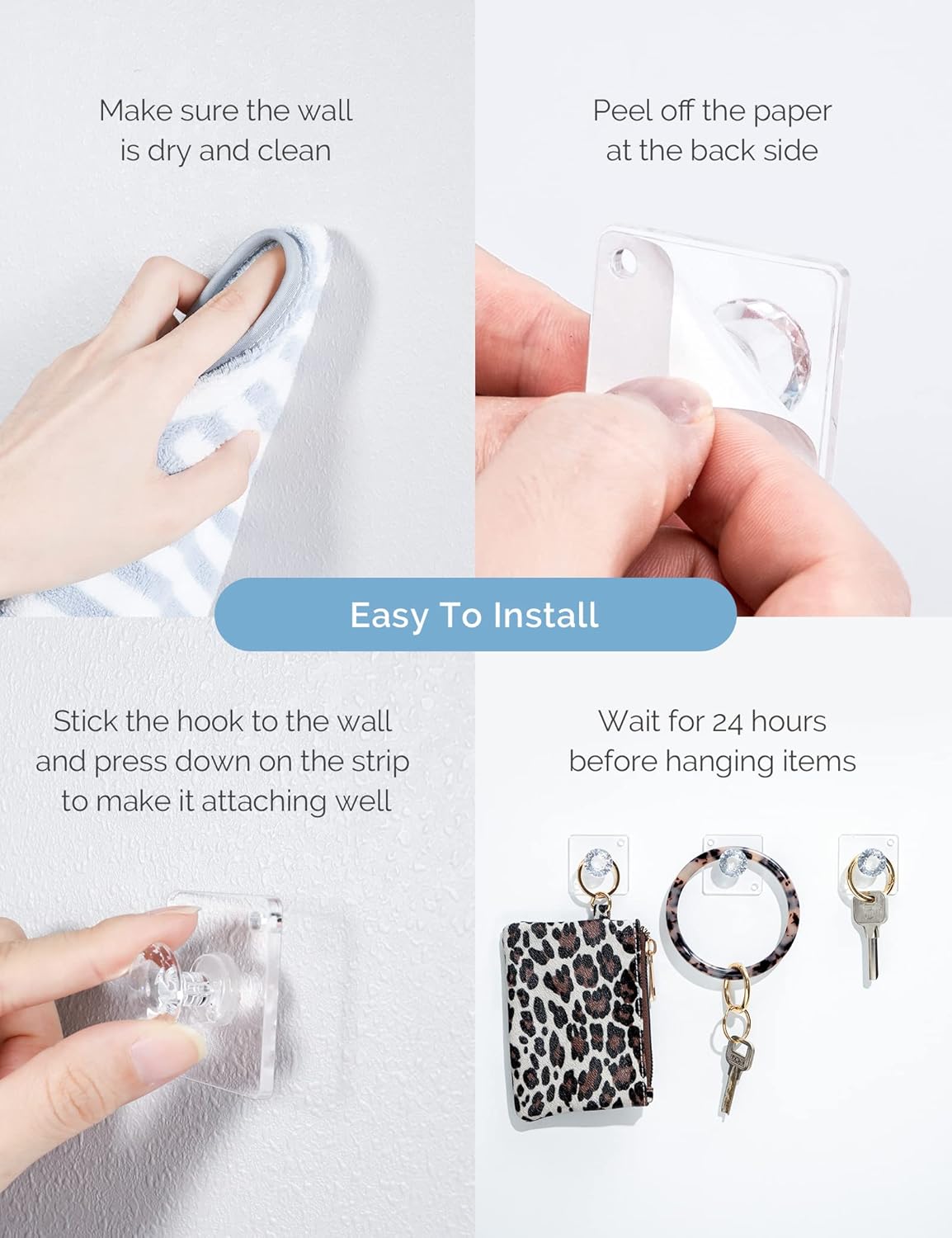Wall Hooks for Hanging Adhesive Hooks 12-Pack, Acrylic Diamond Hooks Wall Hangers, Decorative Hooks Clear Jewelry Hooks