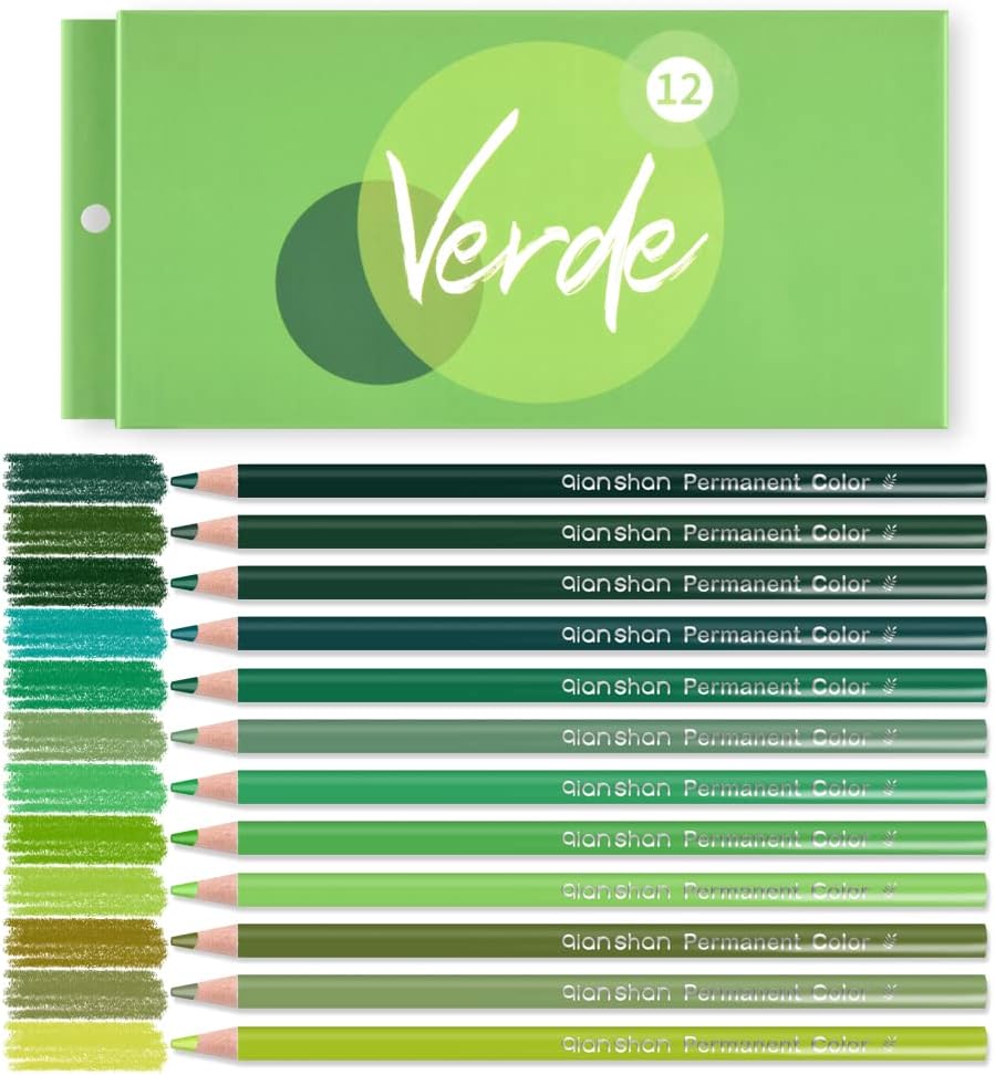 12 Green Colored Pencils Oil Based Pre-sharpened Wooden Colored Pencil Set for Adults Coloring Books Drawing Sketching Art Supplies, No Duplicates