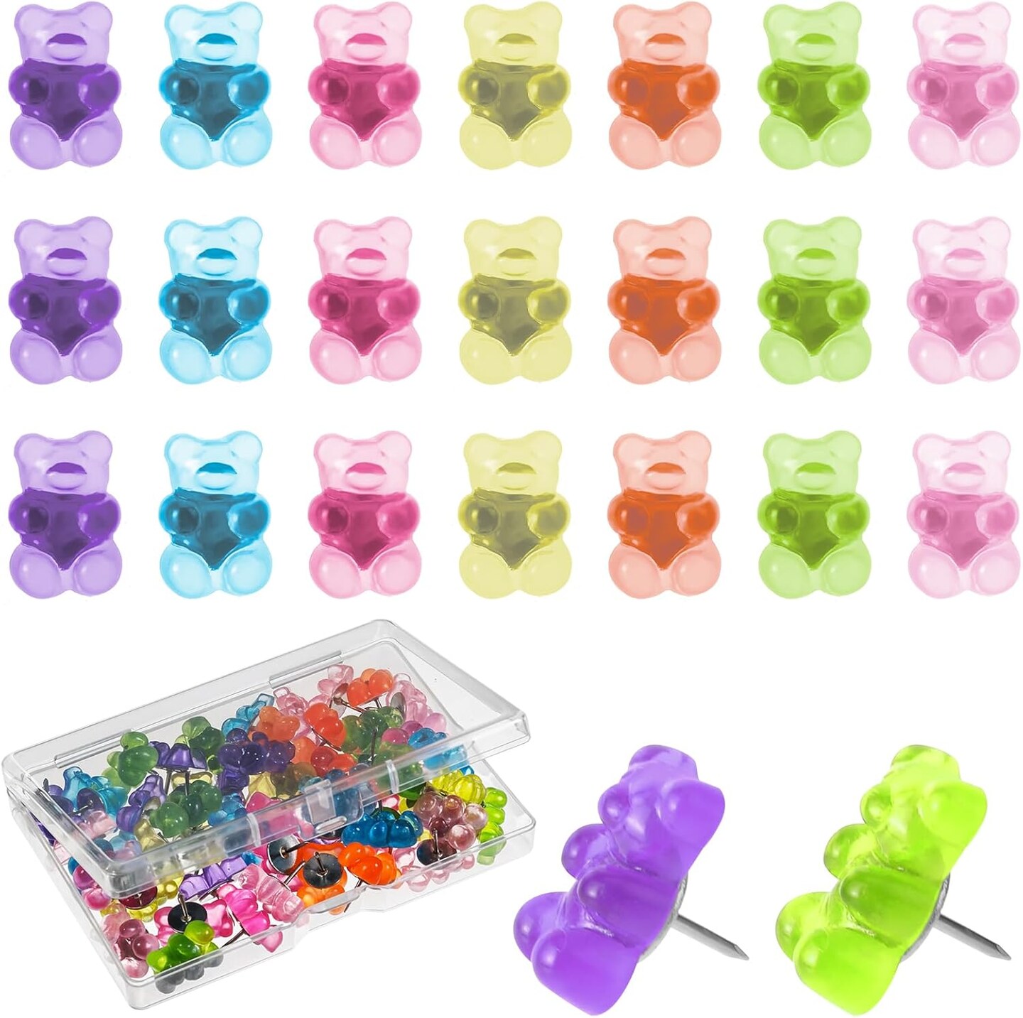 50pcs Gummy Bear Push Pins Colorful Translucent Cute Decorative Push Pin for Bulletin Board Thumbtacks Thumb Tack Resin Bear Bulletin Board Pins Pushpins with Box for Wall Cork Board Hanging Posters