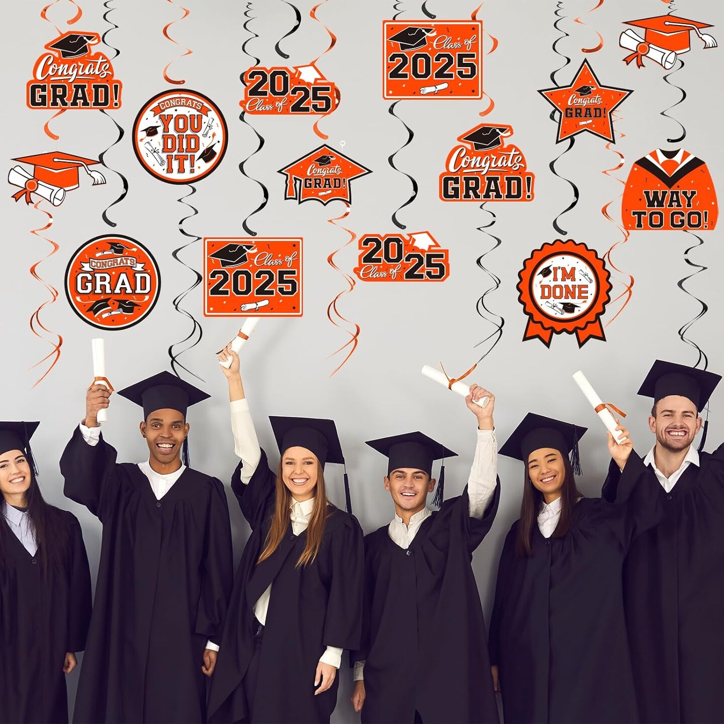 31 Pieces Graduation Decorations Class of 2025, Graduation Hanging Swirl Congrats Grad and Graduation Party Decorations(Orange, Black)