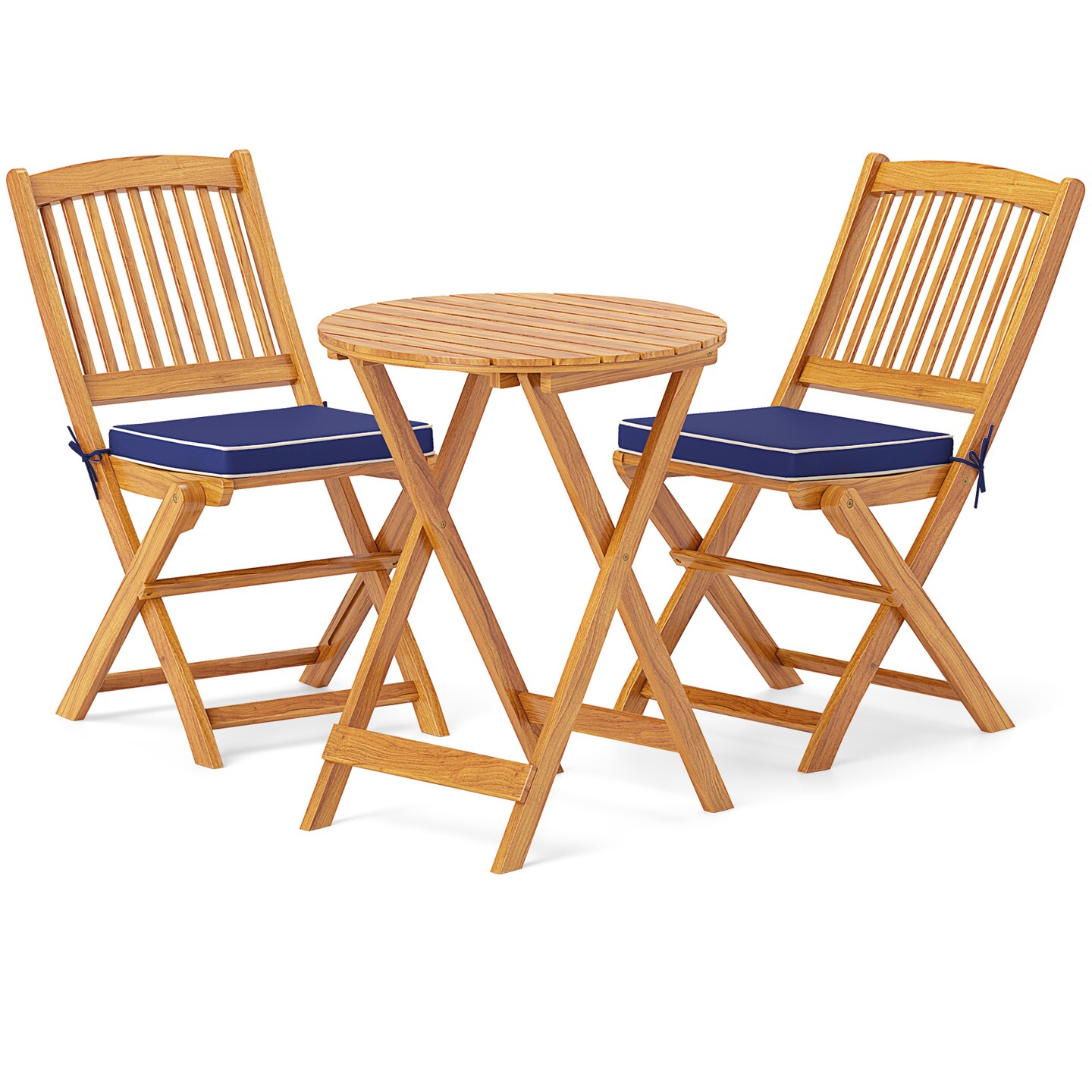 3 Pieces Acacia Wood Patio Folding Bistro Set with Soft Cushions and Slatted Backrest