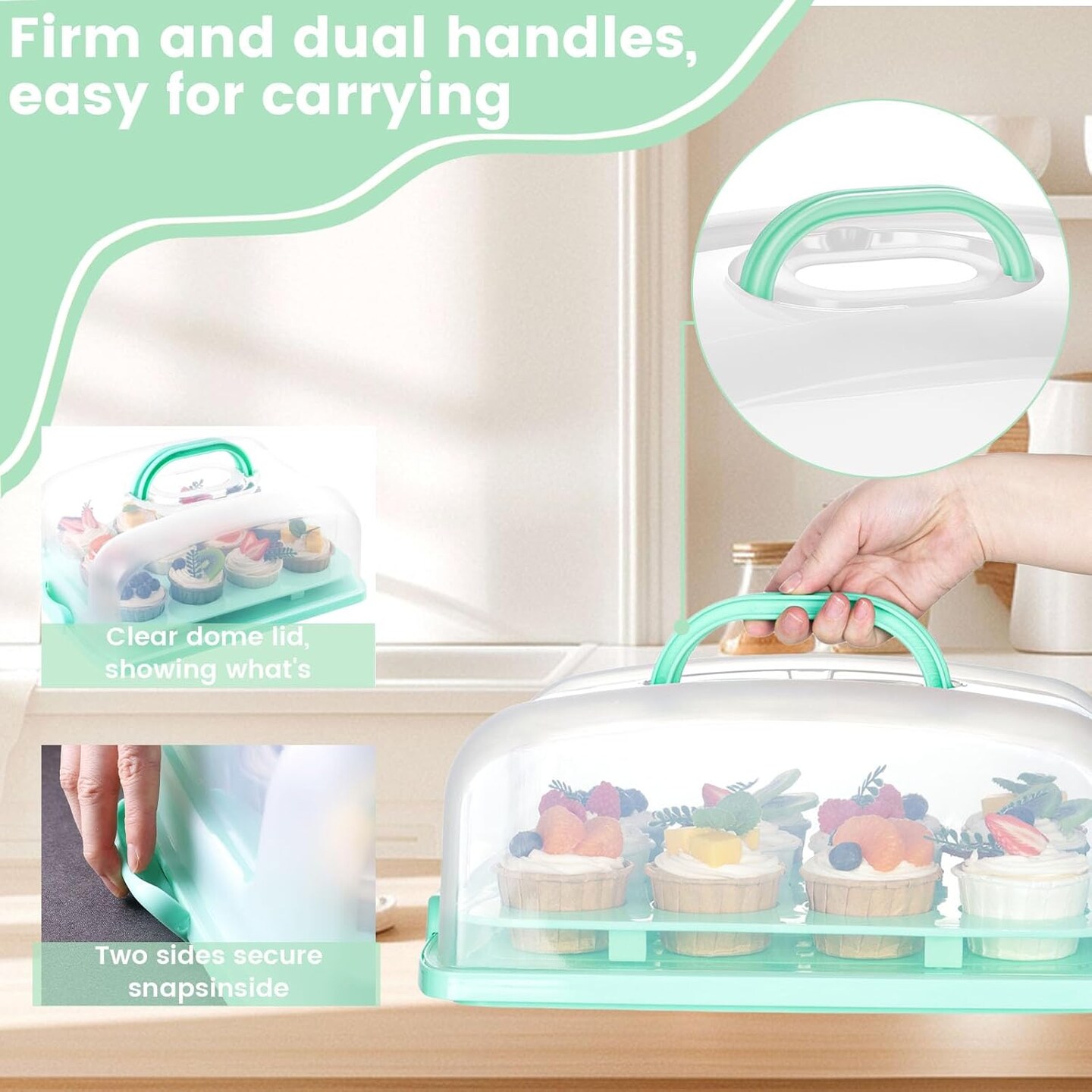Cake Carrier with Lid, Green Cake Holder Cupcake Container for 12 Cupcakes 2 in 1 Portable Dessert Container for Cake Pie Muffin Cobbler