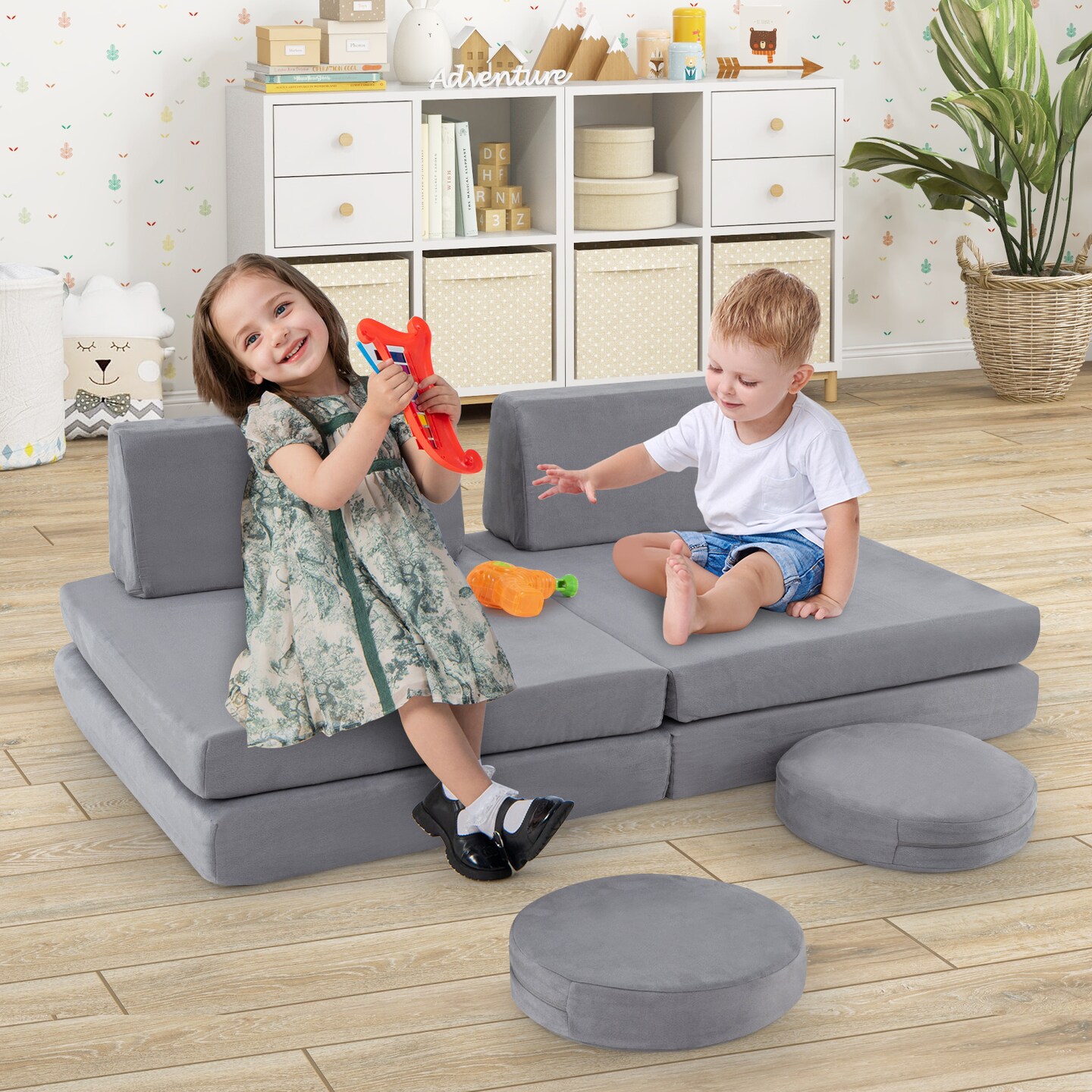 Grey 6 Pieces Modular Kids Play Couch Set with Velvet Covers Perfect Gift for Creative Kids
