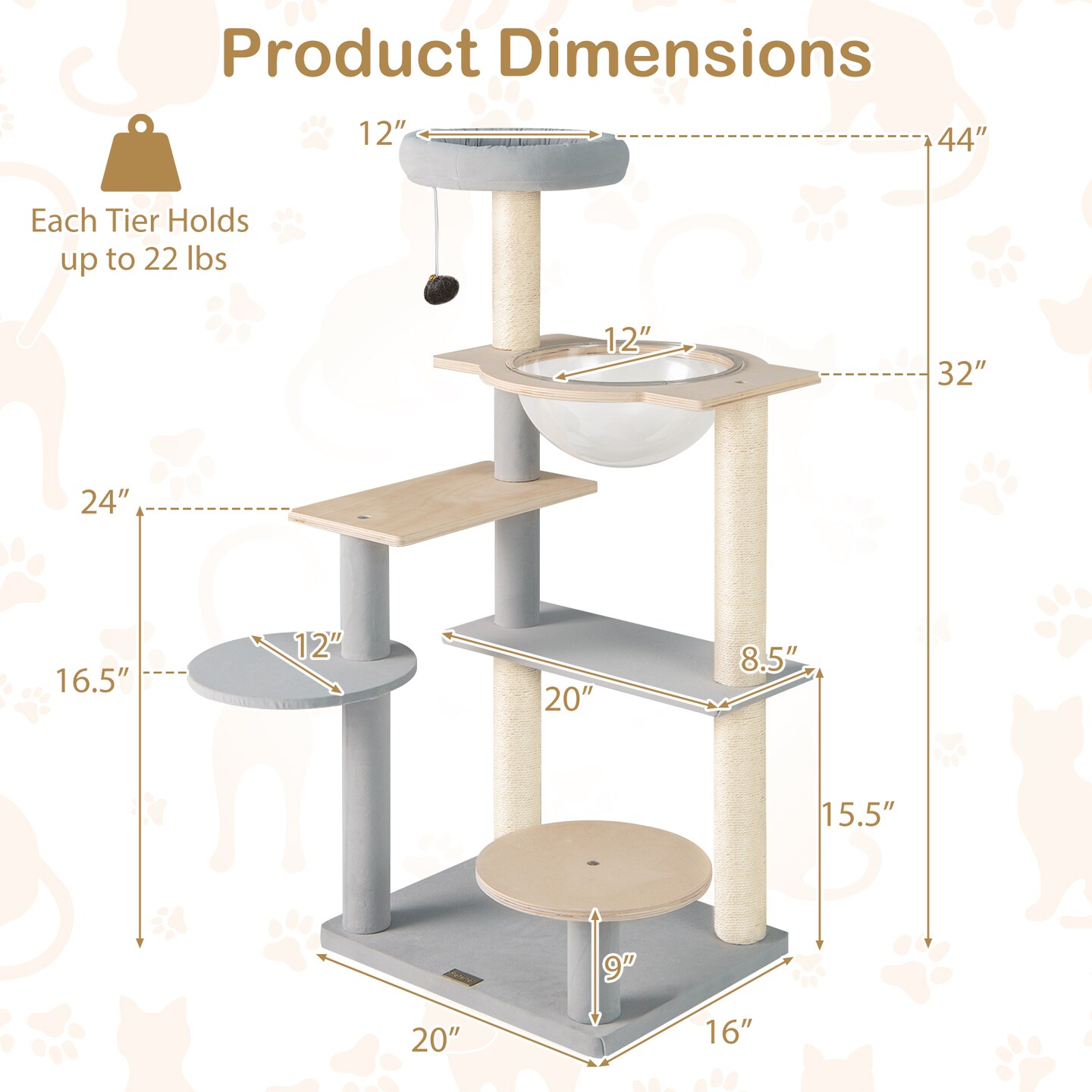Natural Solid Plywood Cat Tree with Space Capsule and Sisal Scratching Posts